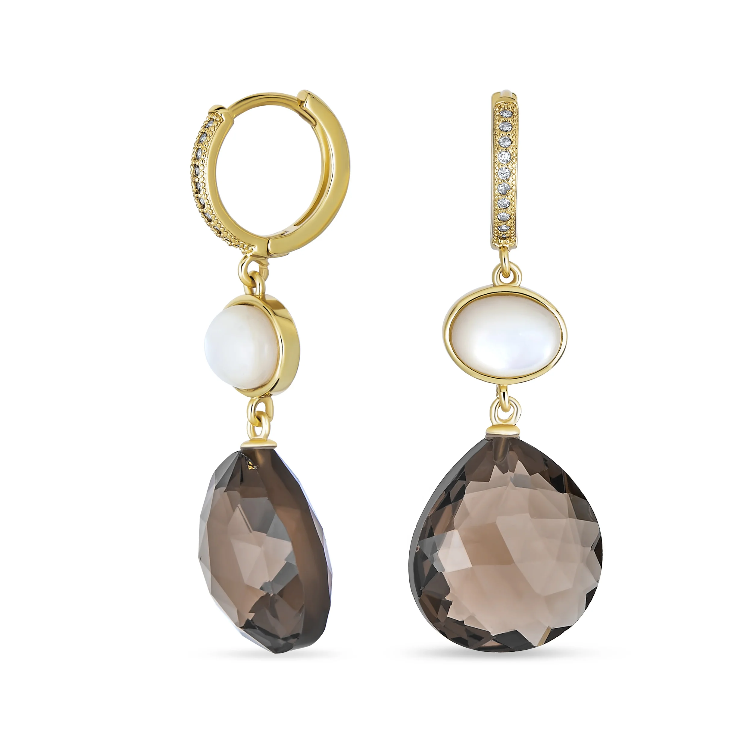 Teardrop Brown Smoky Quartz Gemstone Dangle Earrings Pearl Accent Gold Plated