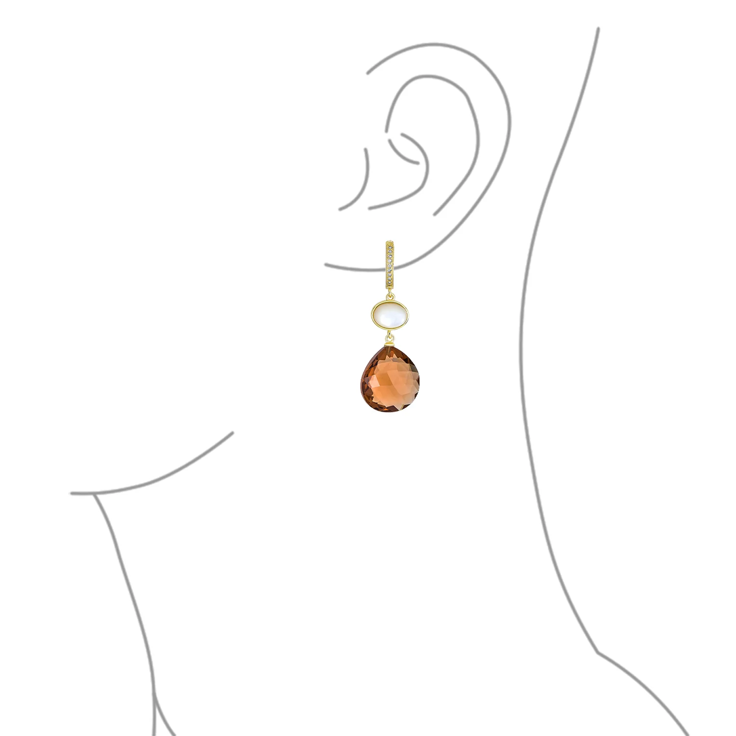 Teardrop Brown Smoky Quartz Gemstone Dangle Earrings Pearl Accent Gold Plated - Image 3