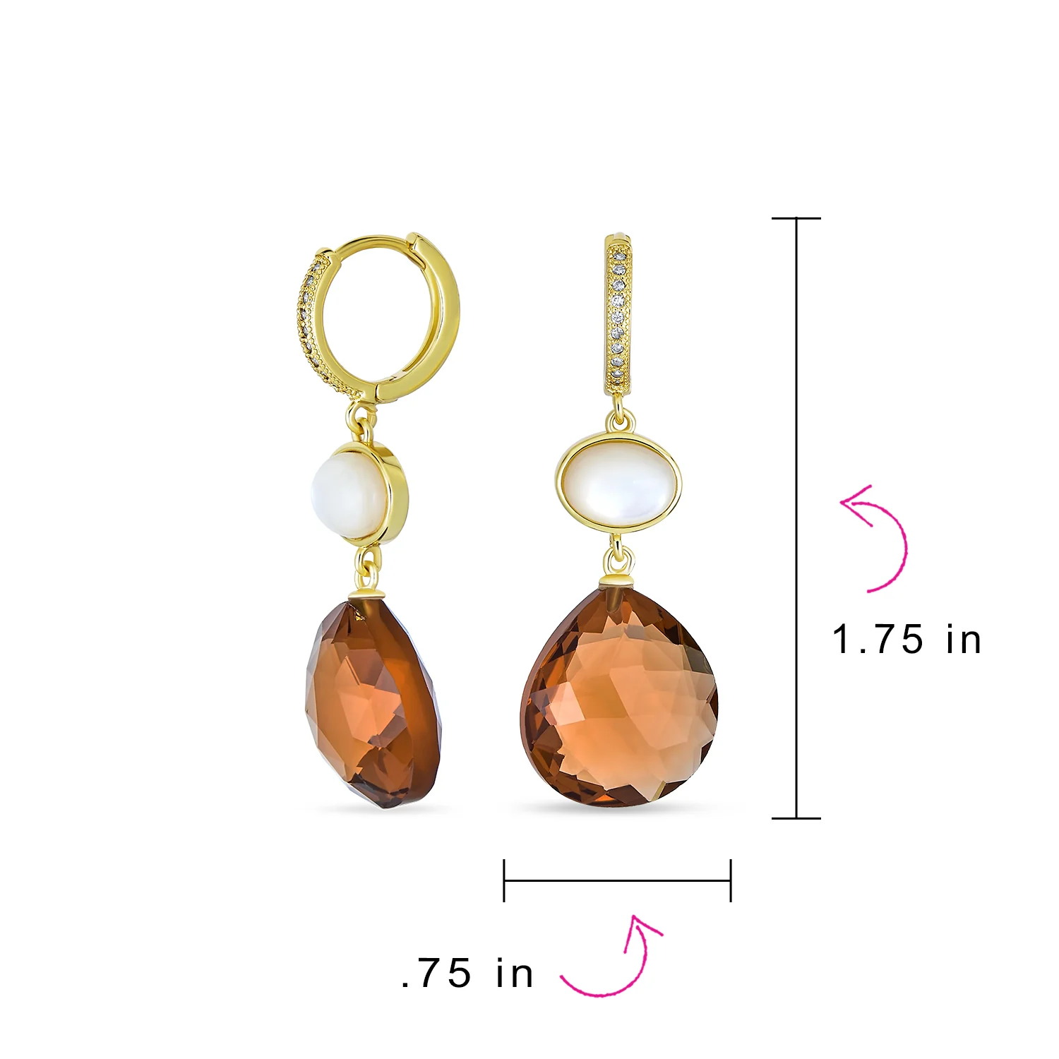 Teardrop Brown Smoky Quartz Gemstone Dangle Earrings Pearl Accent Gold Plated - Image 4