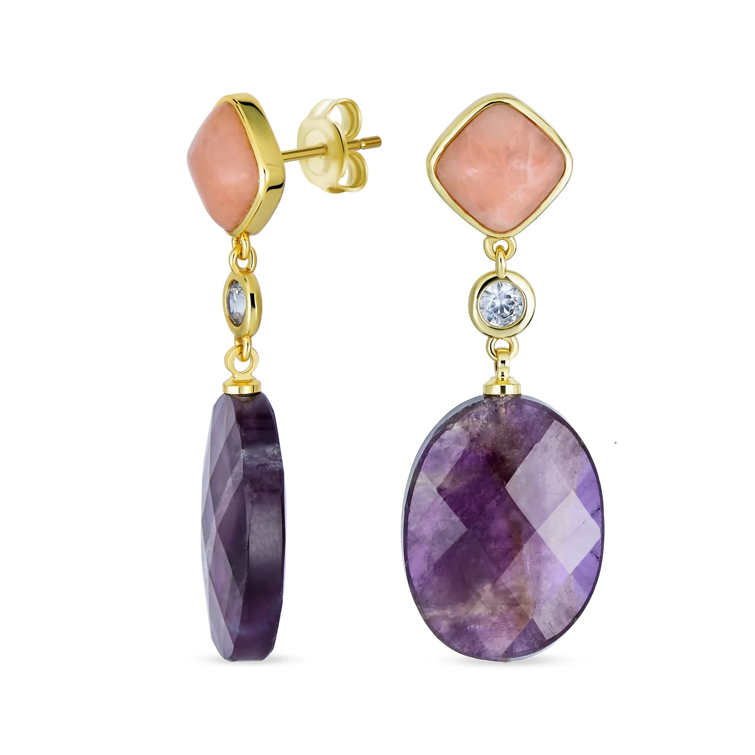 Elegant Dangle Gemstone Earrings with Dusty Rose Crystal & Amethyst Gold Plated