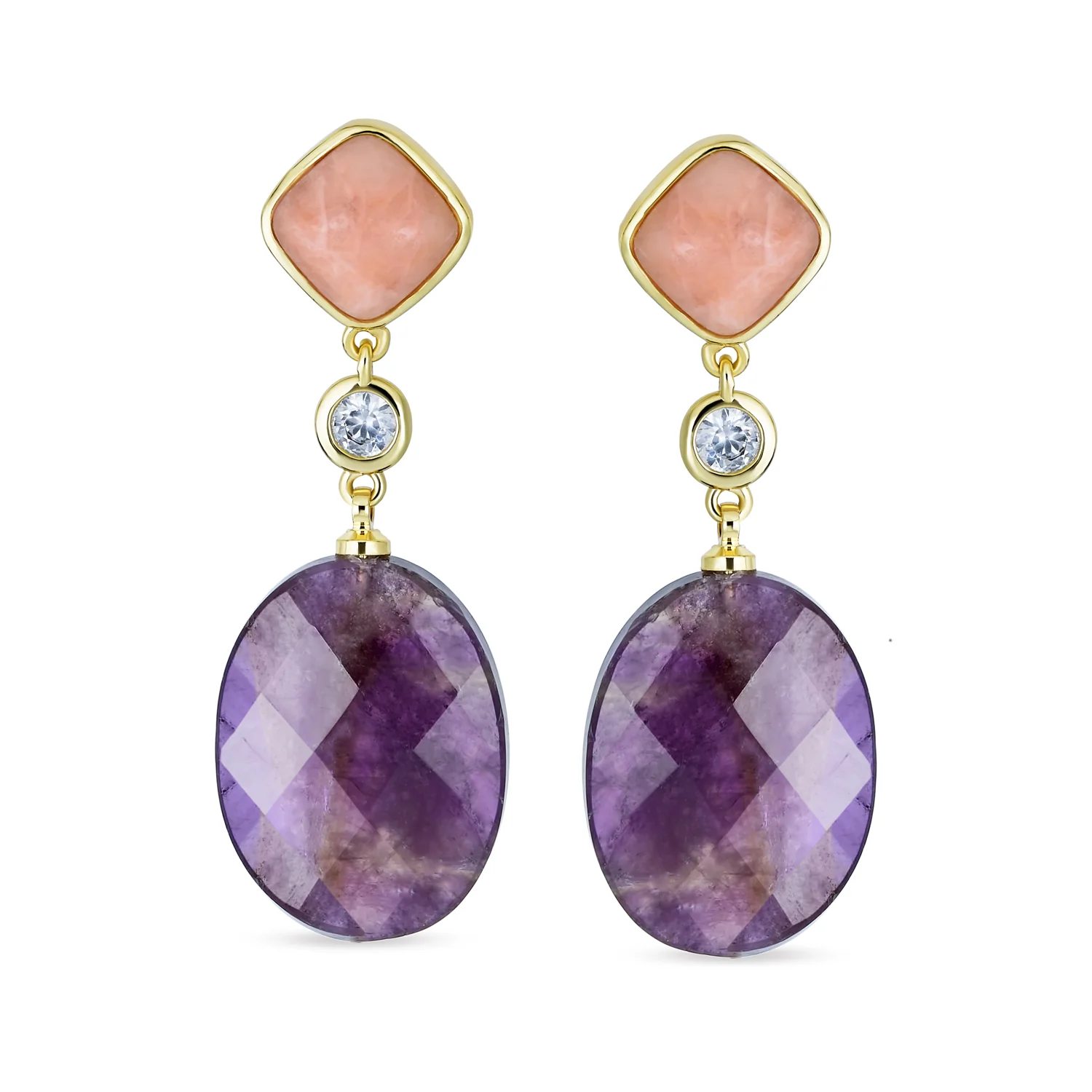 Elegant Dangle Gemstone Earrings with Dusty Rose Crystal & Amethyst Gold Plated - Image 2