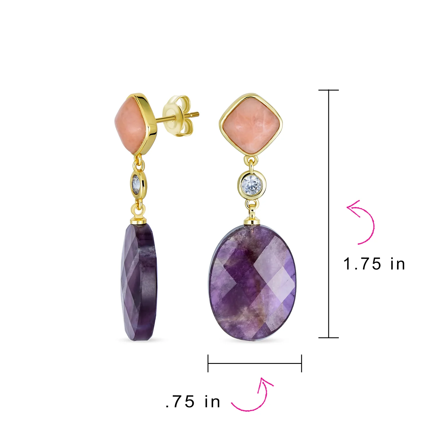 Elegant Dangle Gemstone Earrings with Dusty Rose Crystal & Amethyst Gold Plated - Image 4