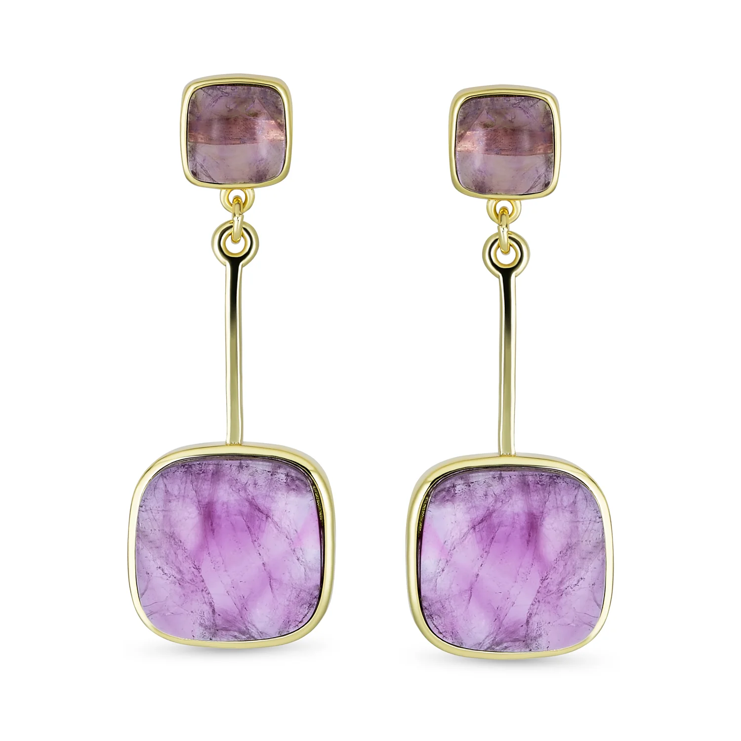 Geometric Square Bar Faceted Gemstone Purple Amethyst Dangle Statement Earrings Gold Plated - Image 2