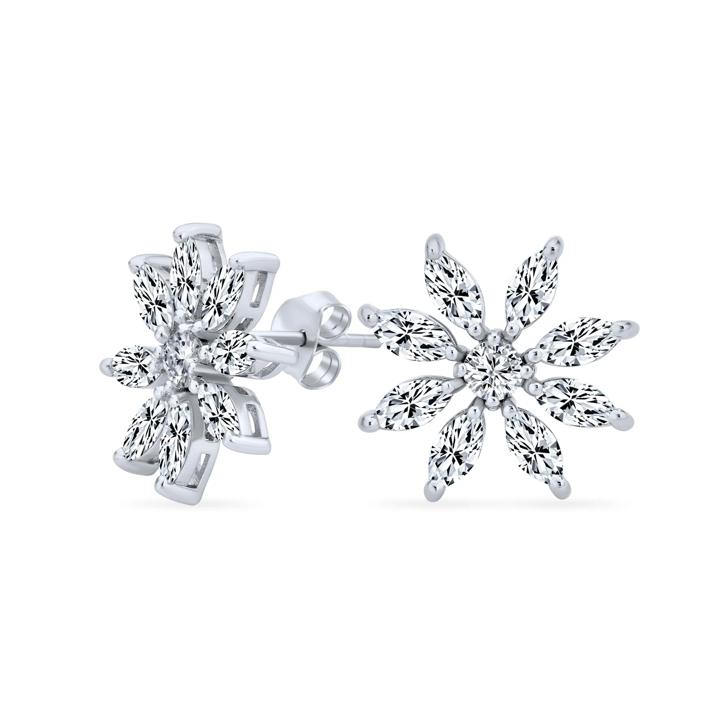 Elegant Bridal Holiday Snowflake Flower Marquise CZ Stud Earrings Silver