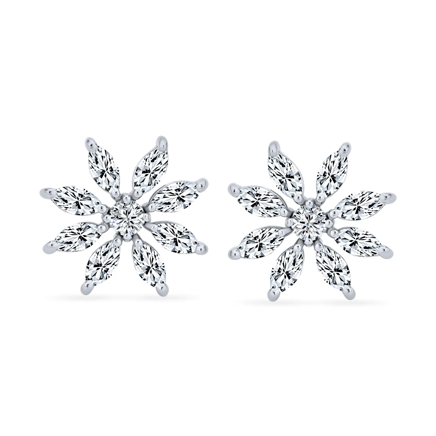 Elegant Bridal Holiday Snowflake Flower Marquise CZ Stud Earrings Silver - Image 2