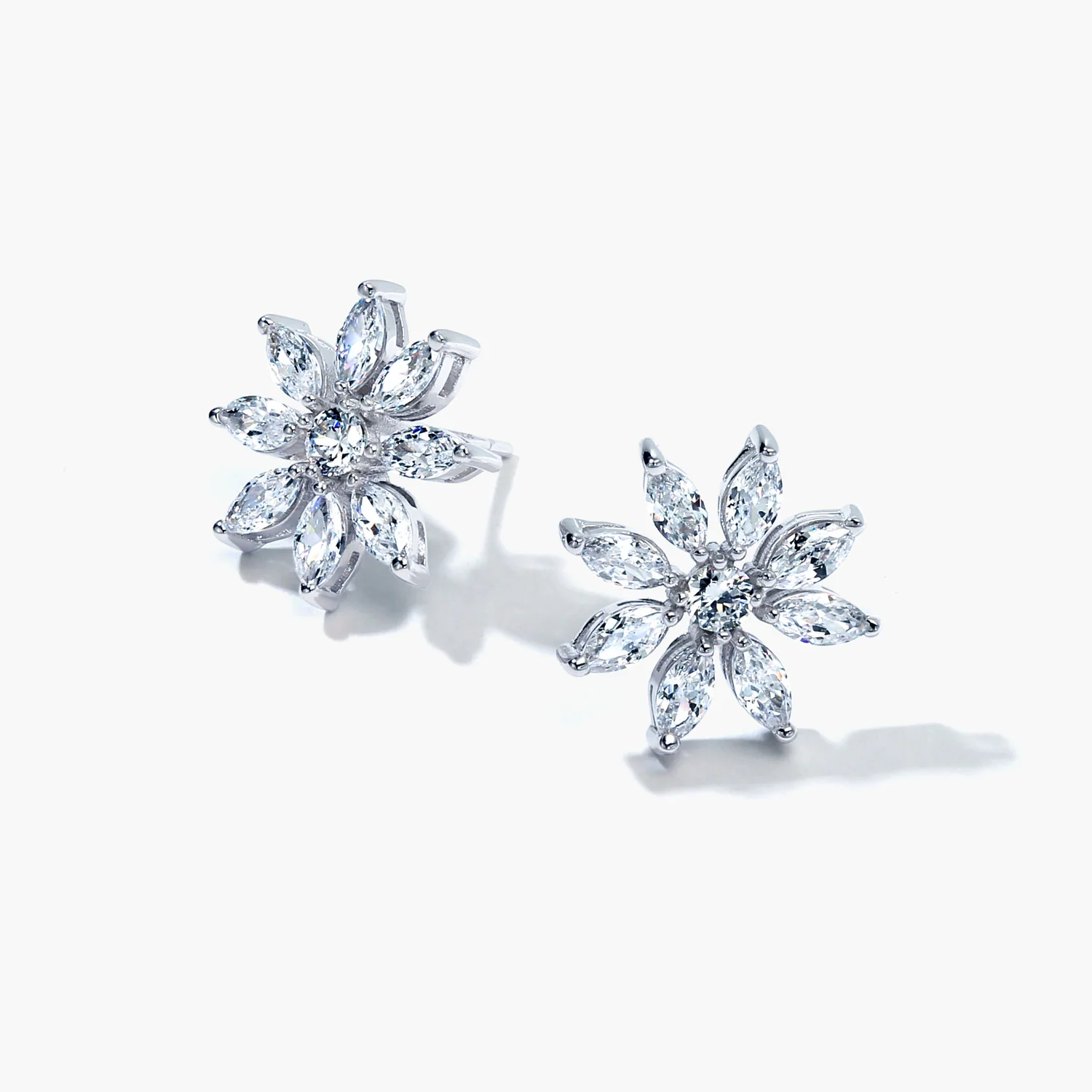 Elegant Bridal Holiday Snowflake Flower Marquise CZ Stud Earrings Silver - Image 4