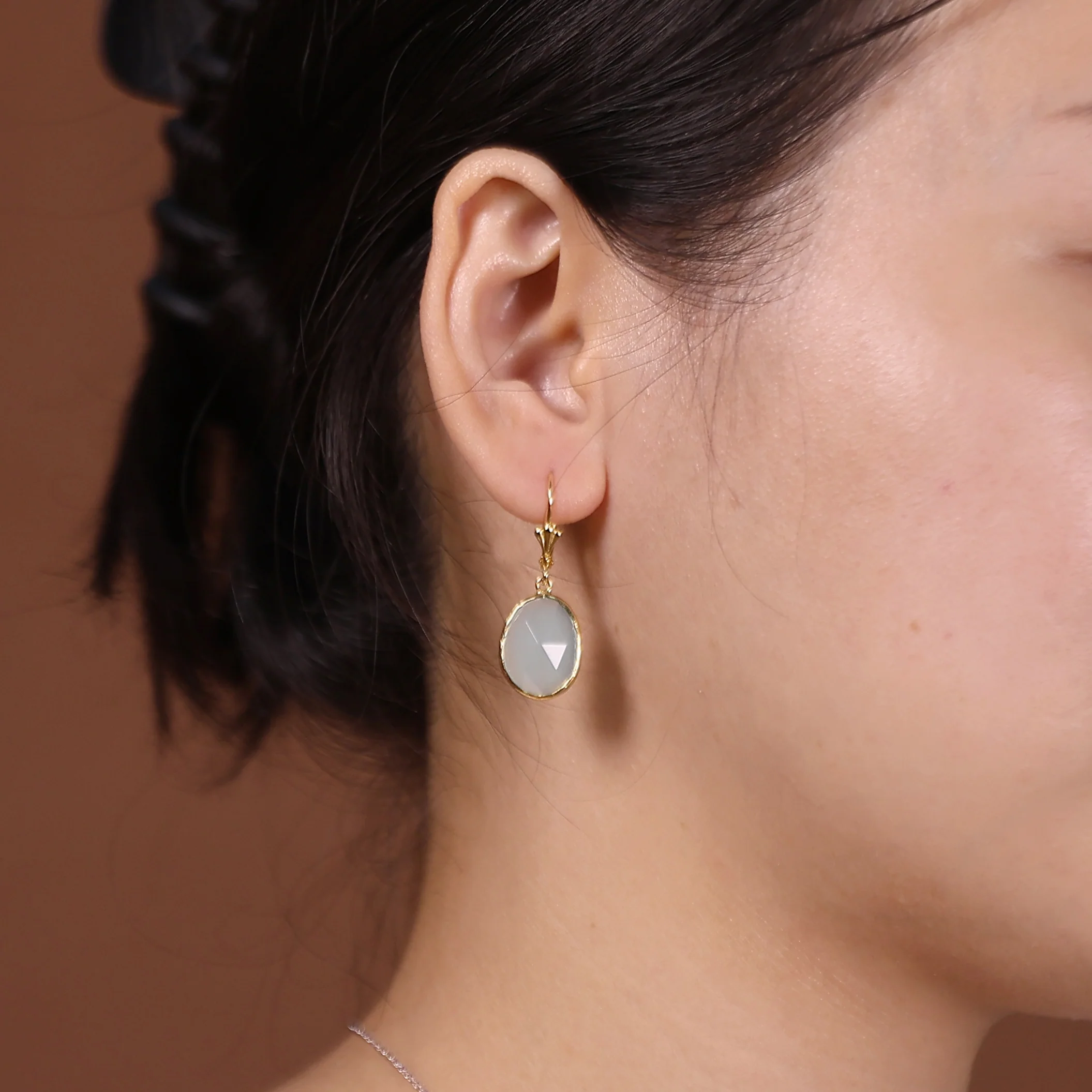 Elegant Oval Pastel Stone Dangle Earrings Pink Aqua Mint Green 14K Gold-Plated - Image 5