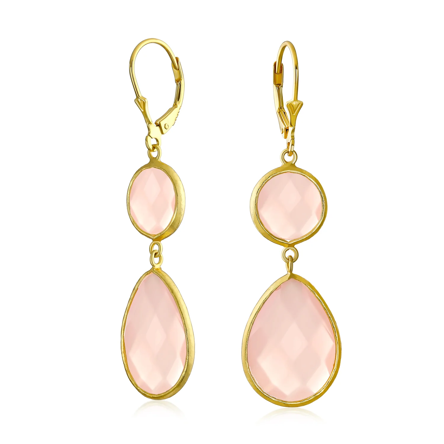 Pink Double Teardrop Dangle Earrings Leverback 14K Gold Plated Sterling Silver