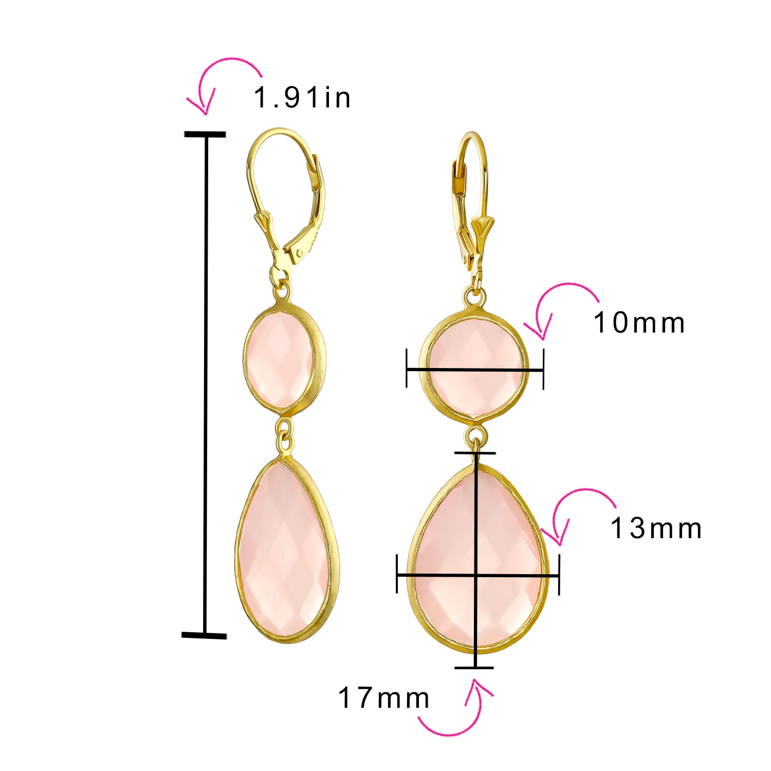 Pink Double Teardrop Dangle Earrings Leverback 14K Gold Plated Sterling Silver - Image 5