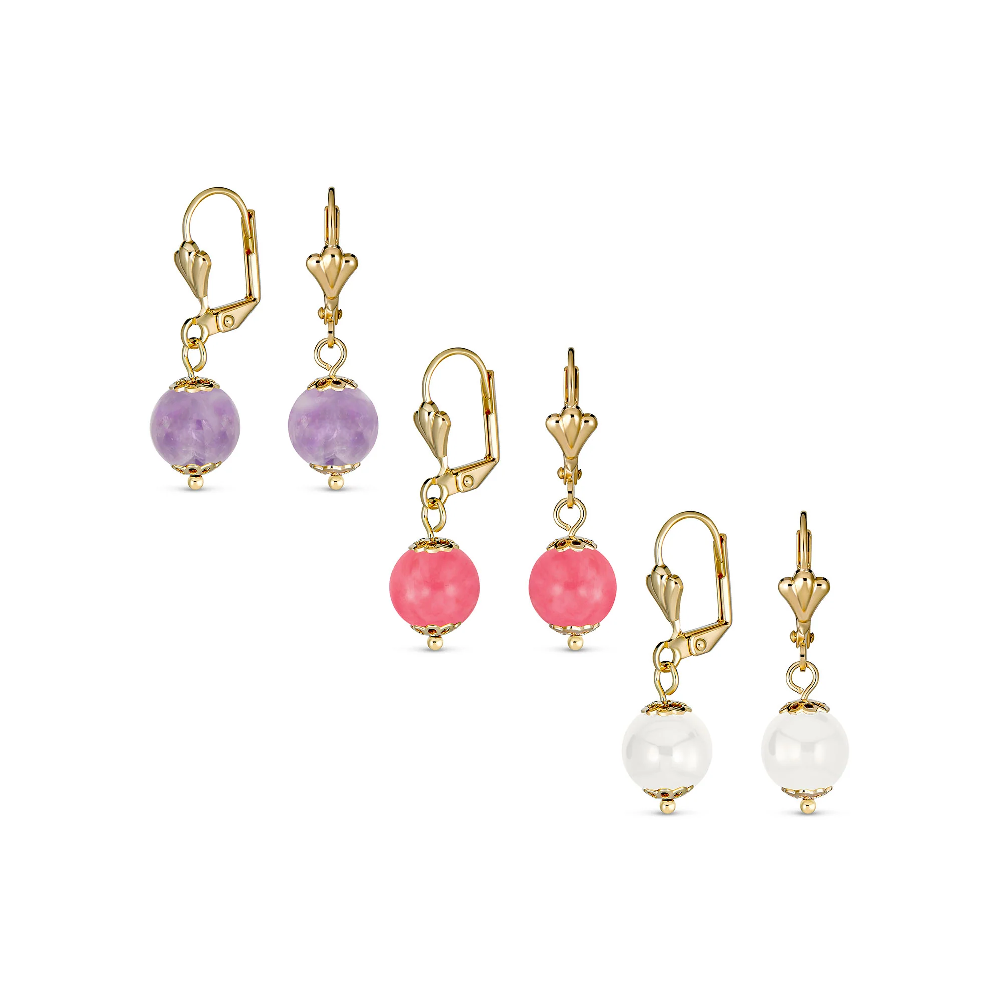 Set of 3 Amethyst Pink Quartz White Onyx Drop Ball Earrings