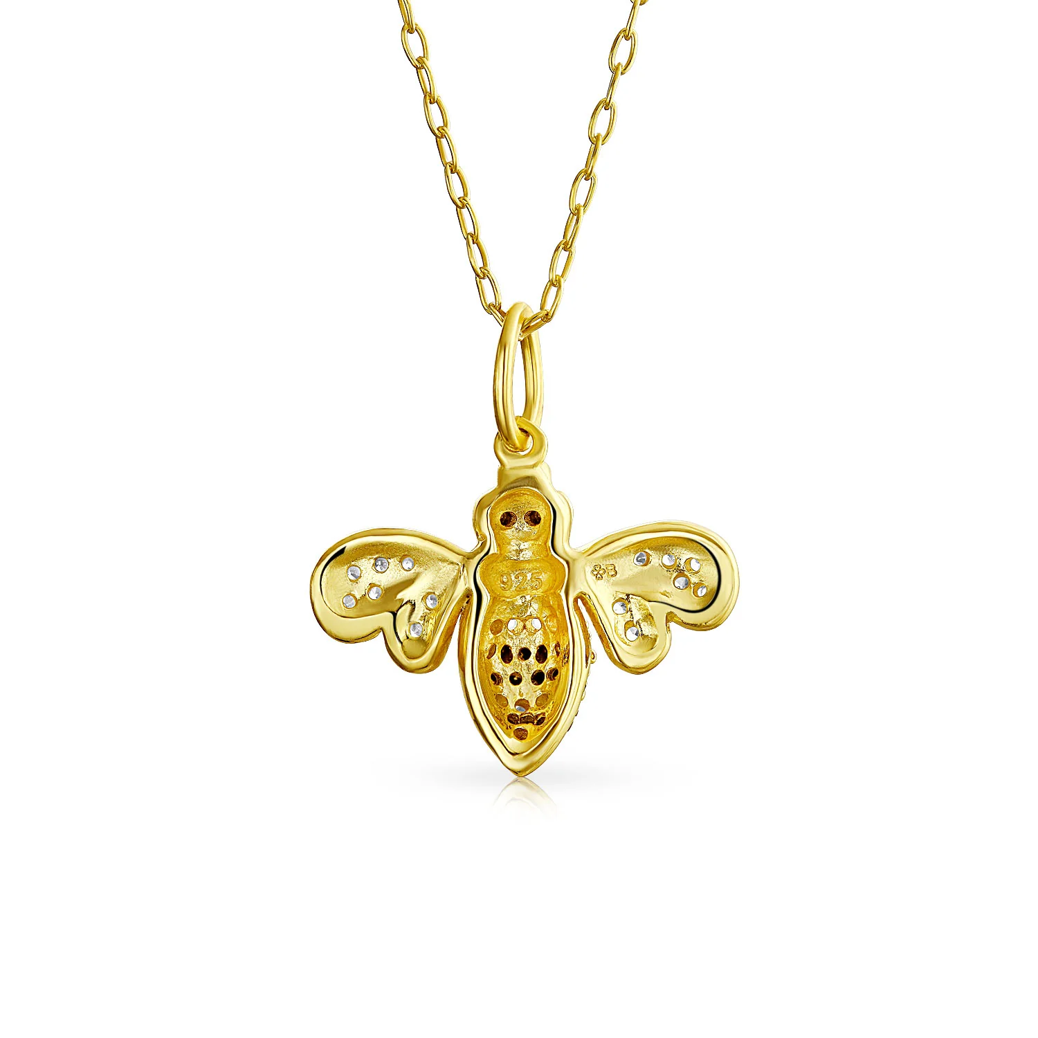 Elegant Queen Bee Pendant Necklace Black & Gold Zirconia 14K Gold Plated Silver - Image 2