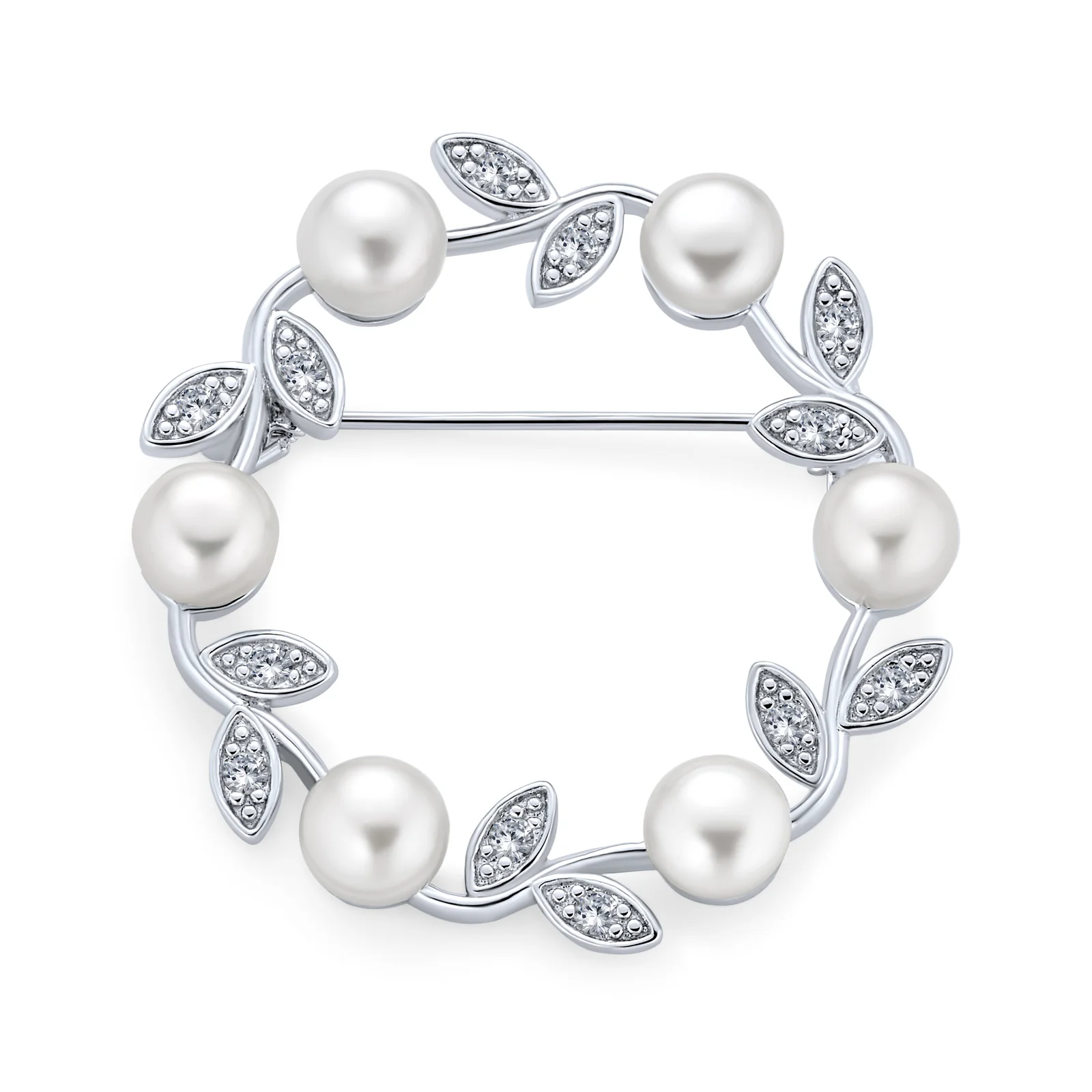 White Freshwater Cultured Pearl Circle Leaf Scarf Brooch Pin Sterling Silver