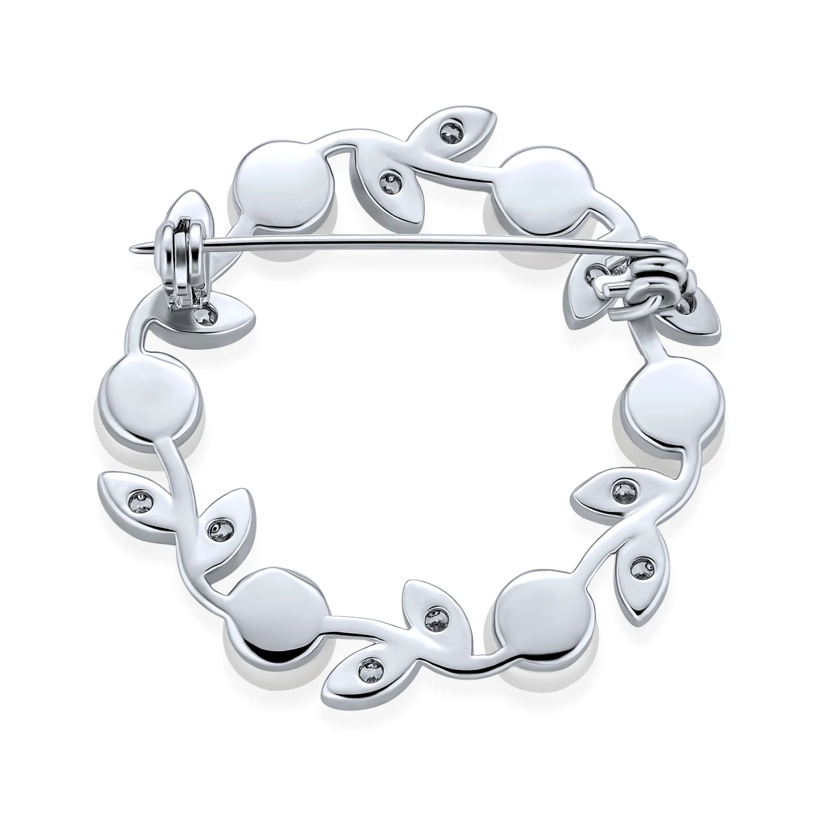 White Freshwater Cultured Pearl Circle Leaf Scarf Brooch Pin Sterling Silver - Image 2