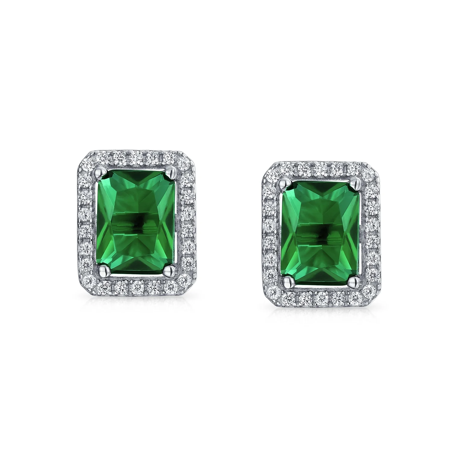 3.5CT Emerald Cut CZ Studs Sterling Silver Halo Earrings - Image 2