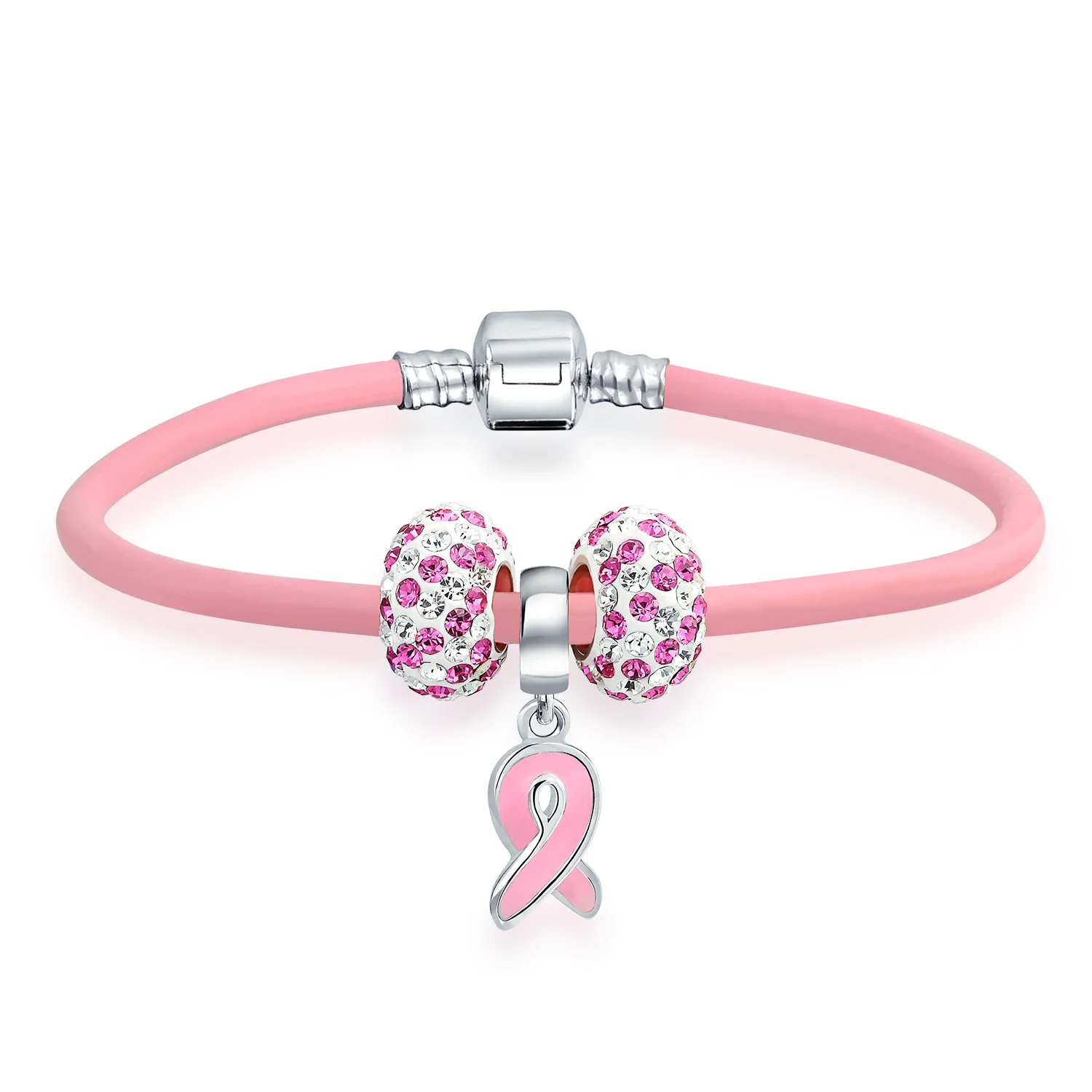 Empowerment Pink Ribbon Charm Bracelet - Genuine Leather Silver Clasp 6-8 Inch