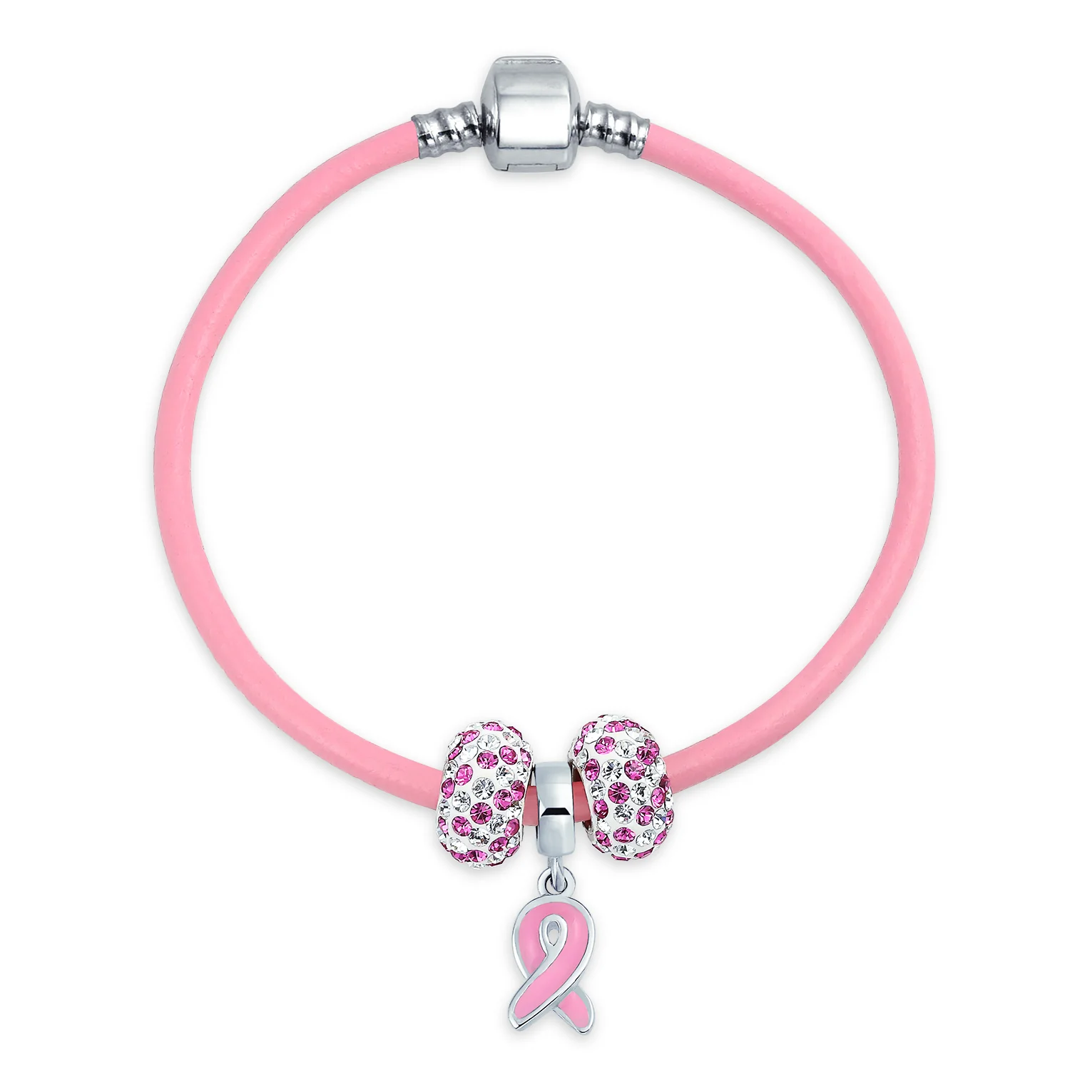 Empowerment Pink Ribbon Charm Bracelet - Genuine Leather Silver Clasp 6-8 Inch - Image 2