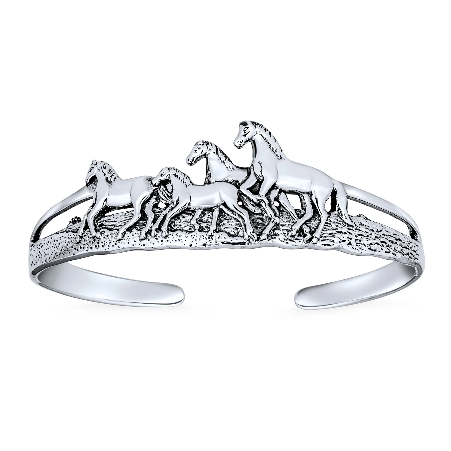 Equestrian Statement Wild Western Running Horses Cuff Bracelet Solid .925 Sterling Silver