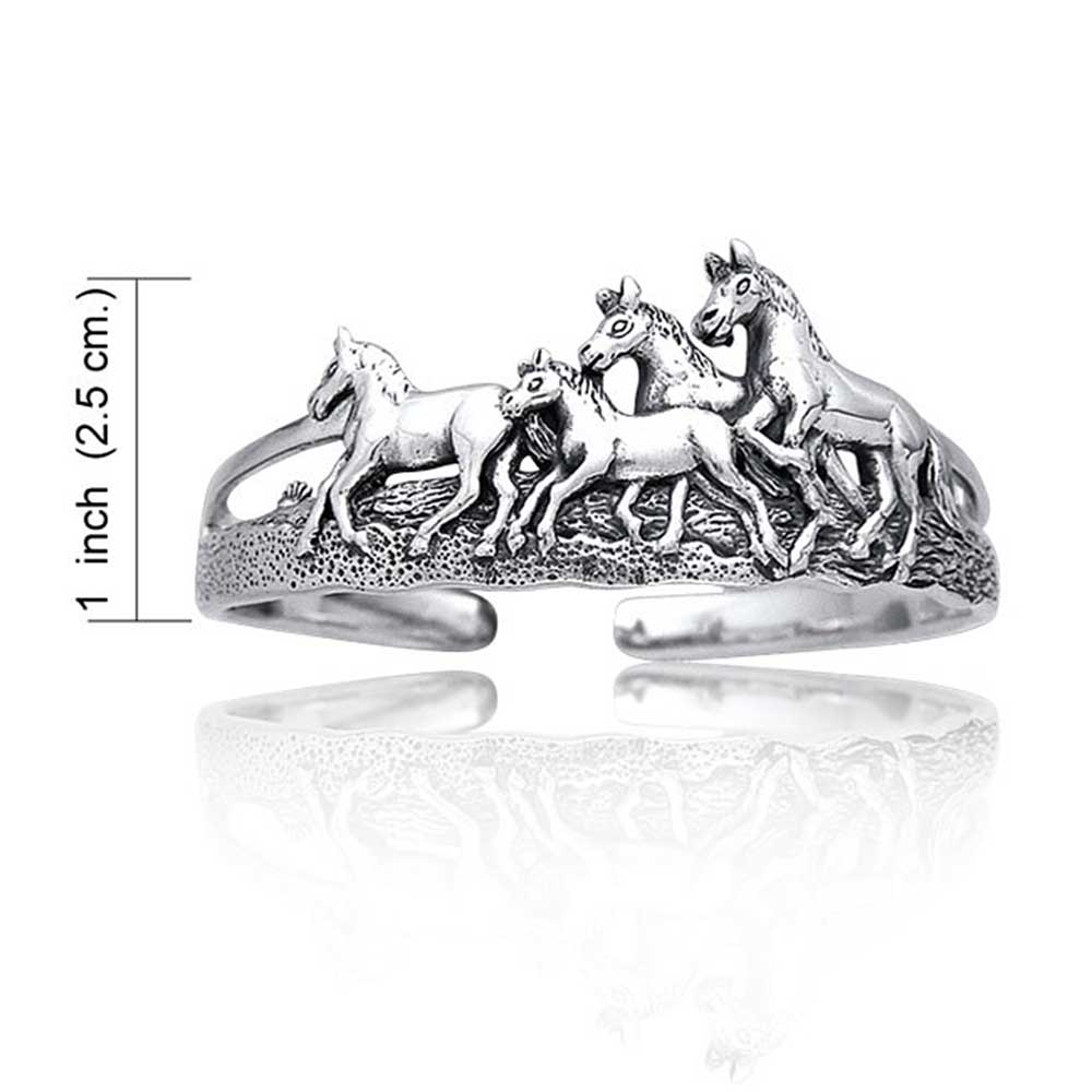 Equestrian Statement Wild Western Running Horses Cuff Bracelet Solid .925 Sterling Silver - Image 2
