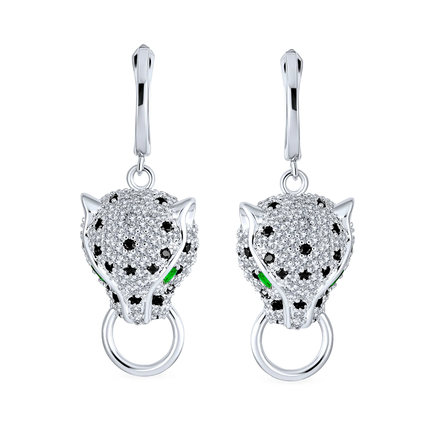 Estate Art Deco Panther Dangle Chandelier Earrings with Green Eye CZ Pave Silver - Image 2