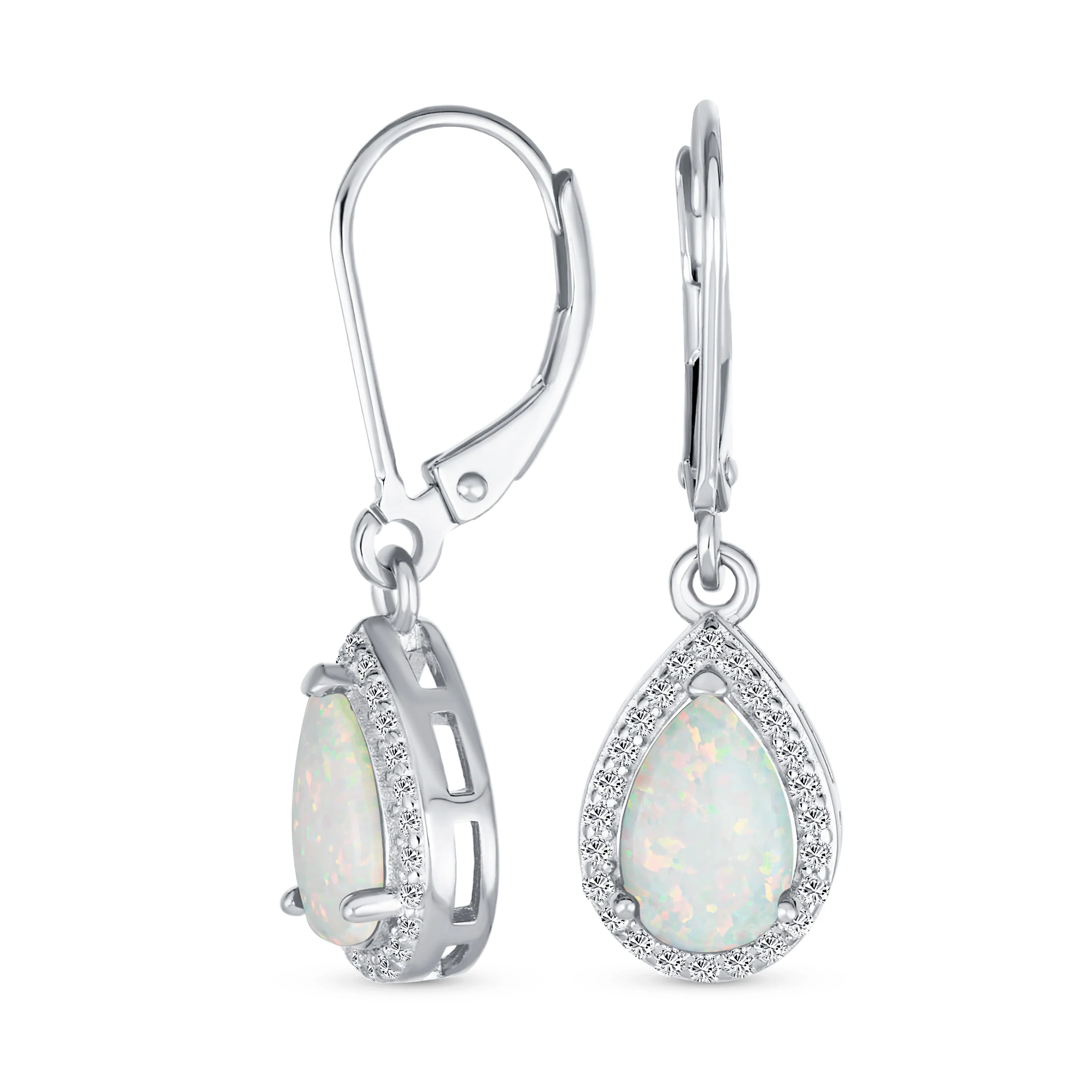 Estate Style Halo CZ Teardrop Solitaire White Opal Drop Earrings Sterling Silver - Image 2