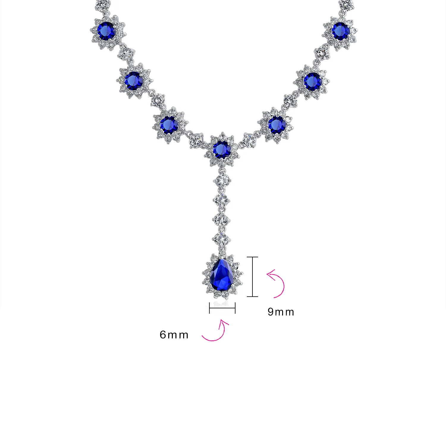 Estate Style Royal Blue Oval Crown CZ Bridal Necklace & Stud Earrings Set - Image 4