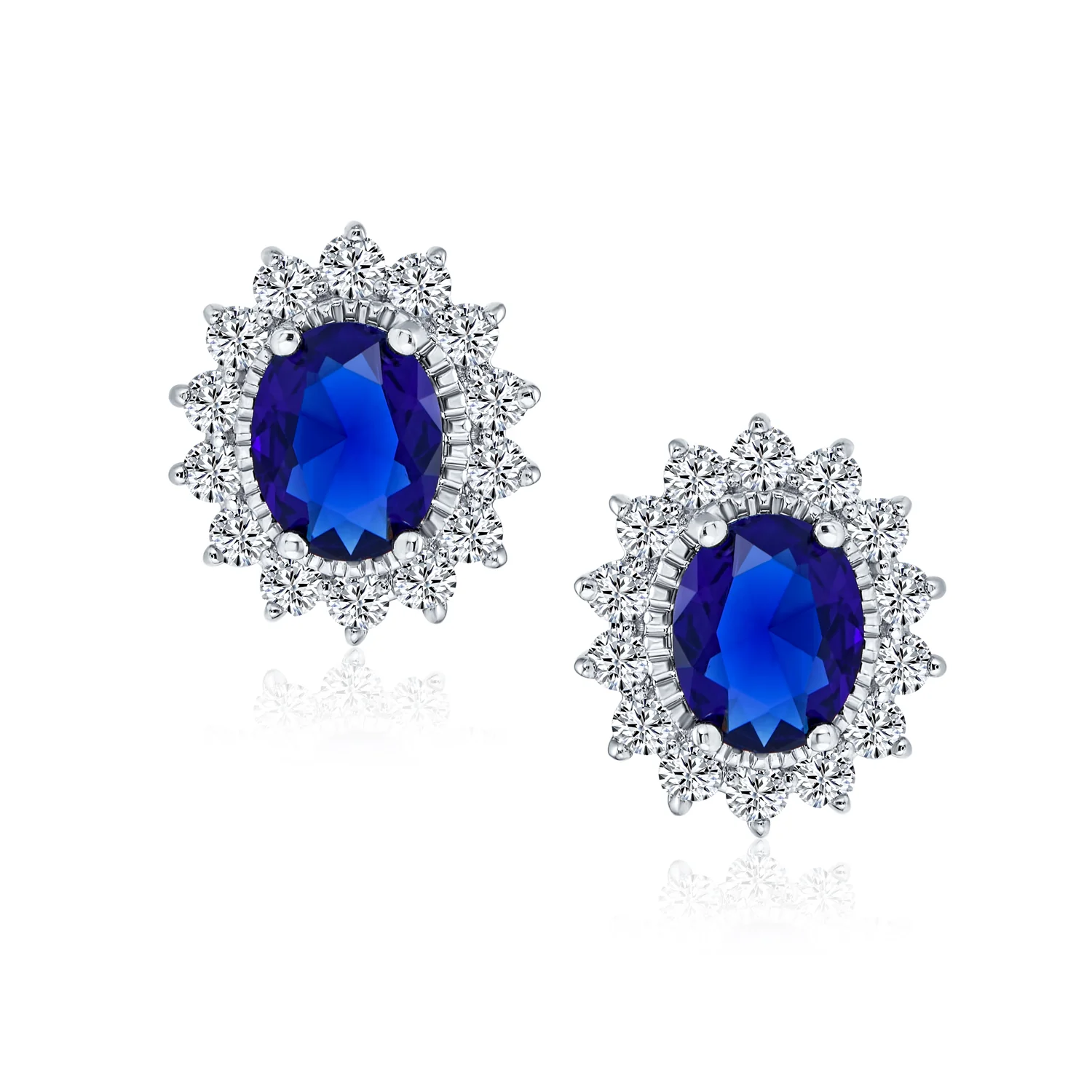 Estate Style Royal Blue Oval Crown CZ Bridal Necklace & Stud Earrings Set - Image 6