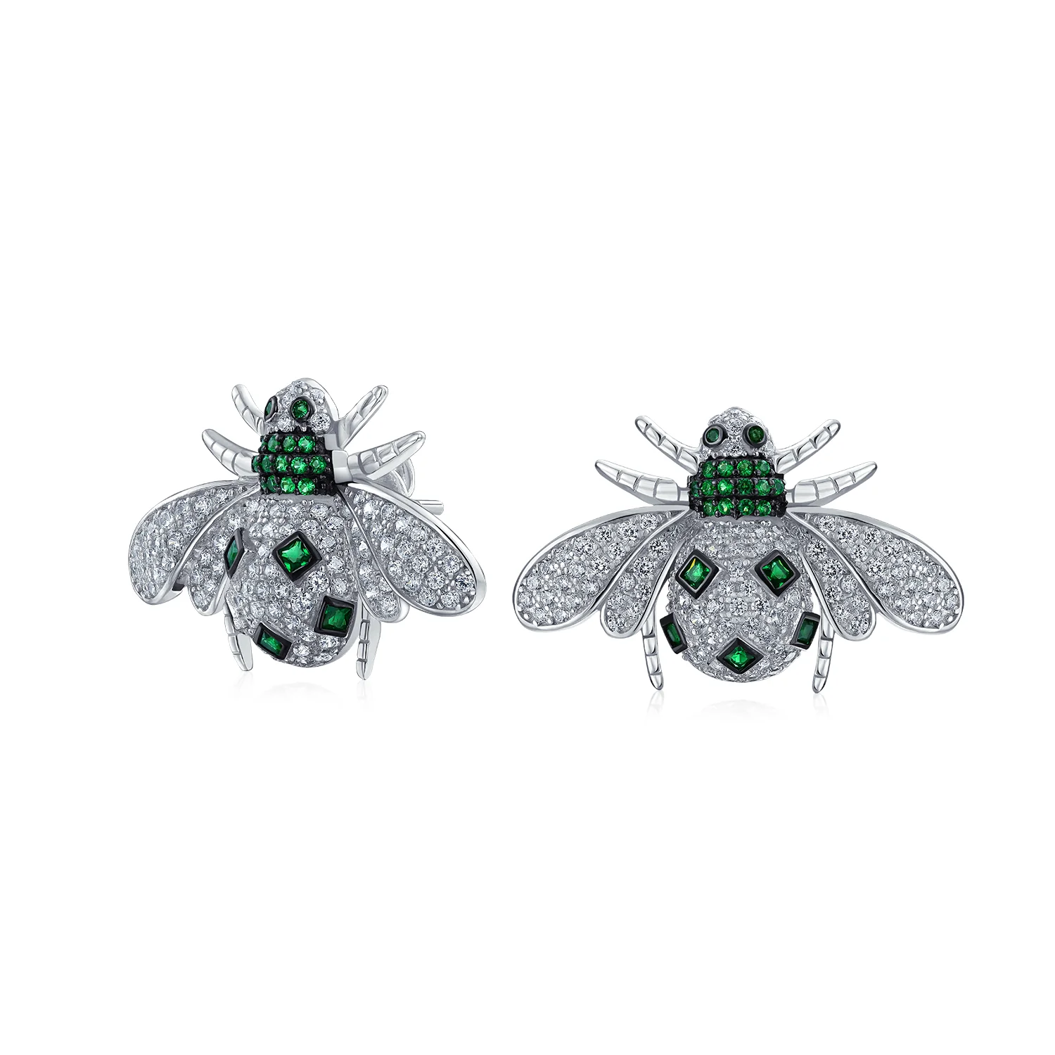 Art Deco Style Micro Pave Green Cubic Zirconia Insect Queen Bee Stud Earrings .925 Sterling Silver
