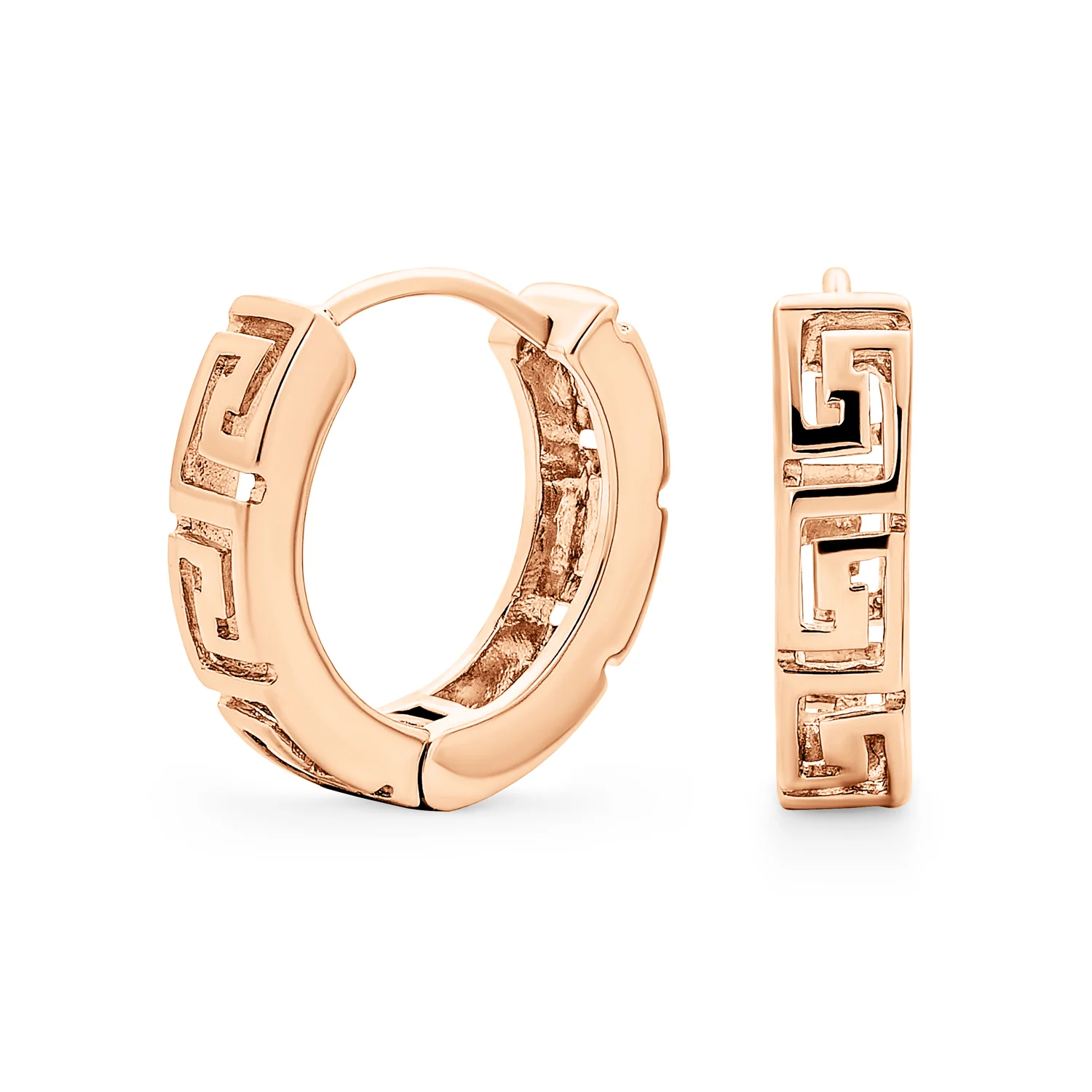 European Greek Key Two Tone Hoop Huggie Earrings Yellow Rose Gold Plated Silver - Image 2