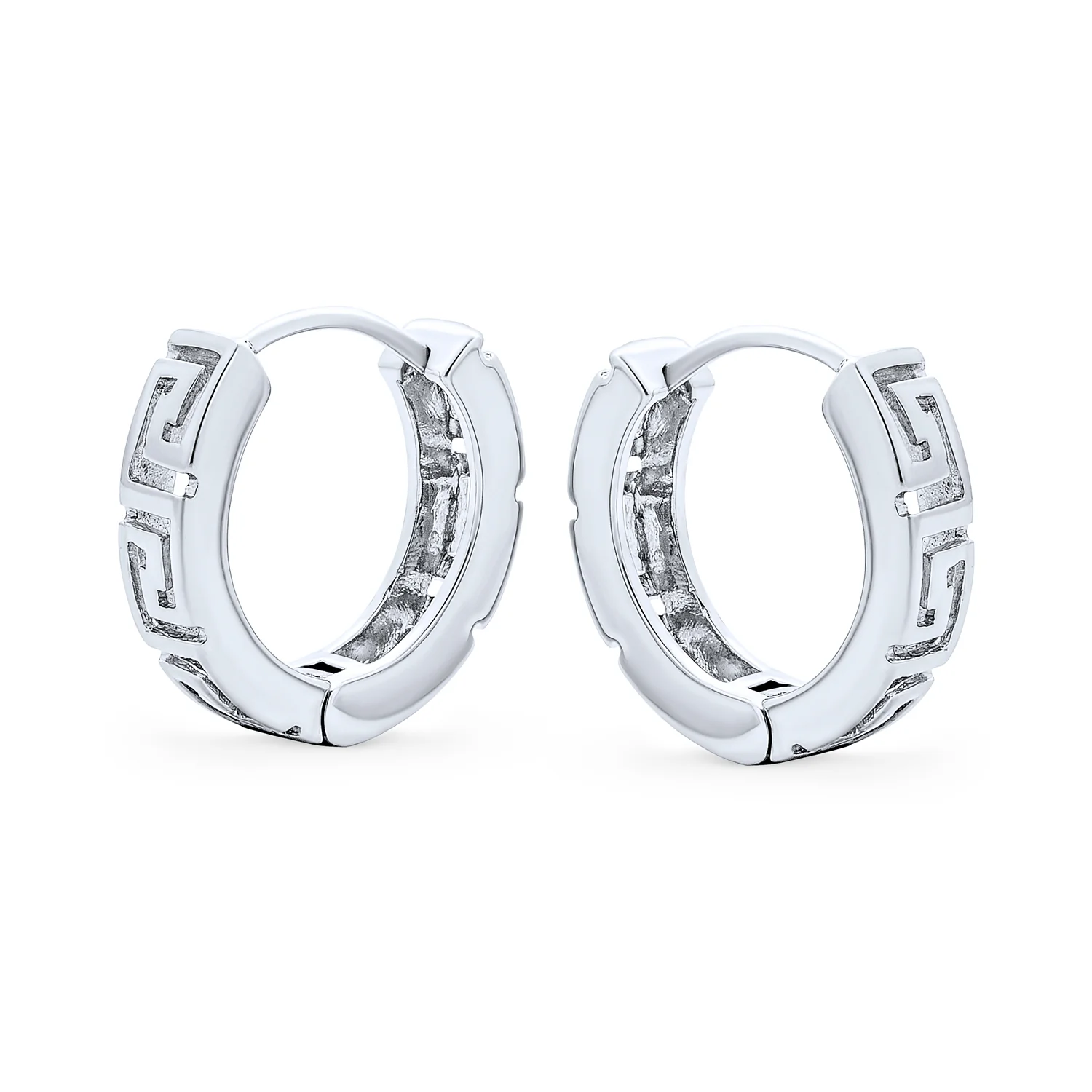 European Greek Key Two Tone Hoop Huggie Earrings Yellow Rose Gold Plated Silver - Image 3