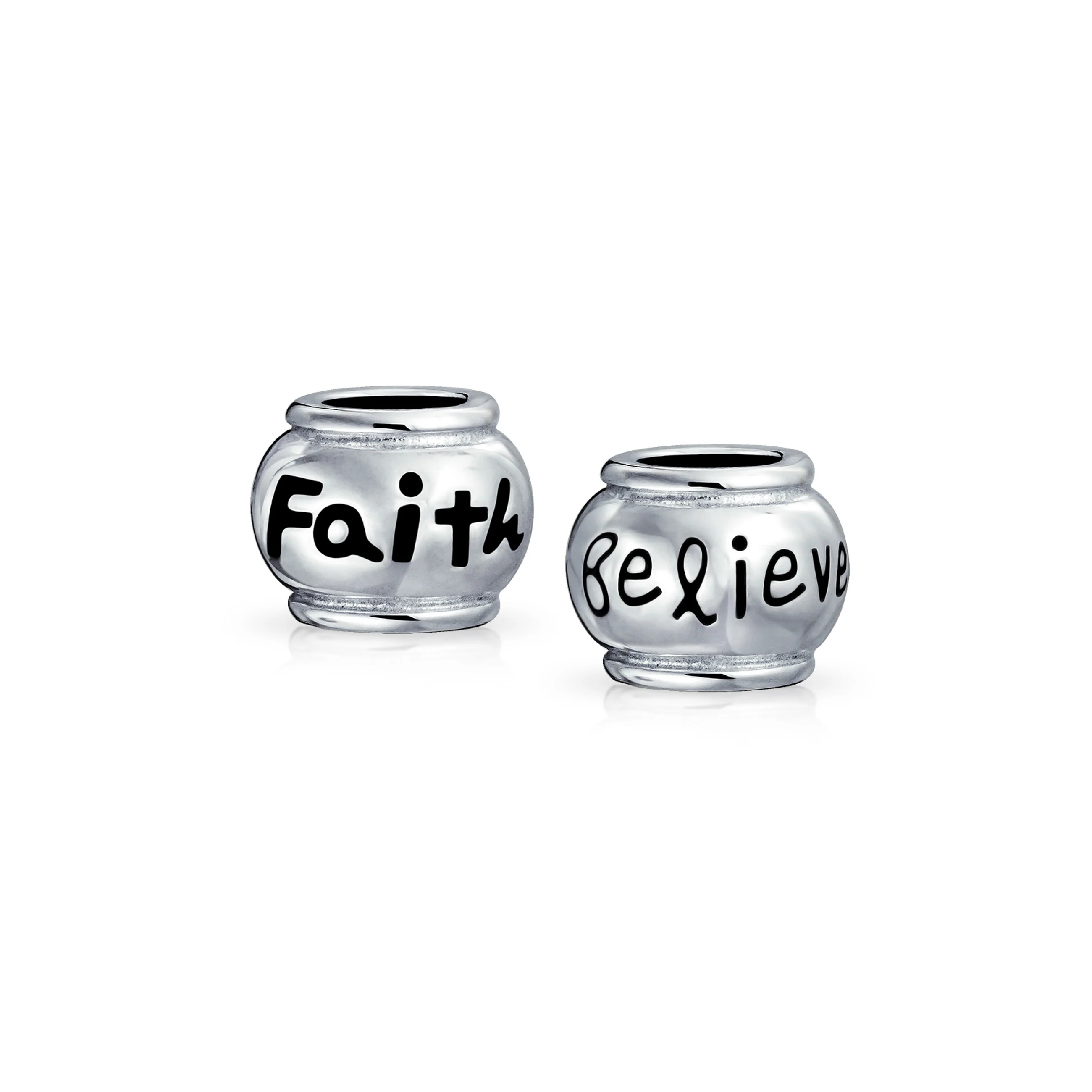 Set of 2 Word Faith & Believe Message Charm Bead Sterling Silver for Bracelet