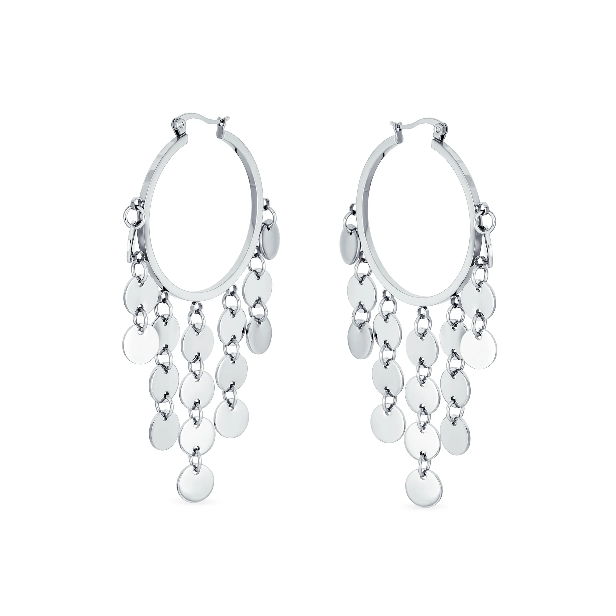 Fashion Statement Boho Sequin Coin Dangle Hoop Huggies Earrings Stainless Steel - Image 2