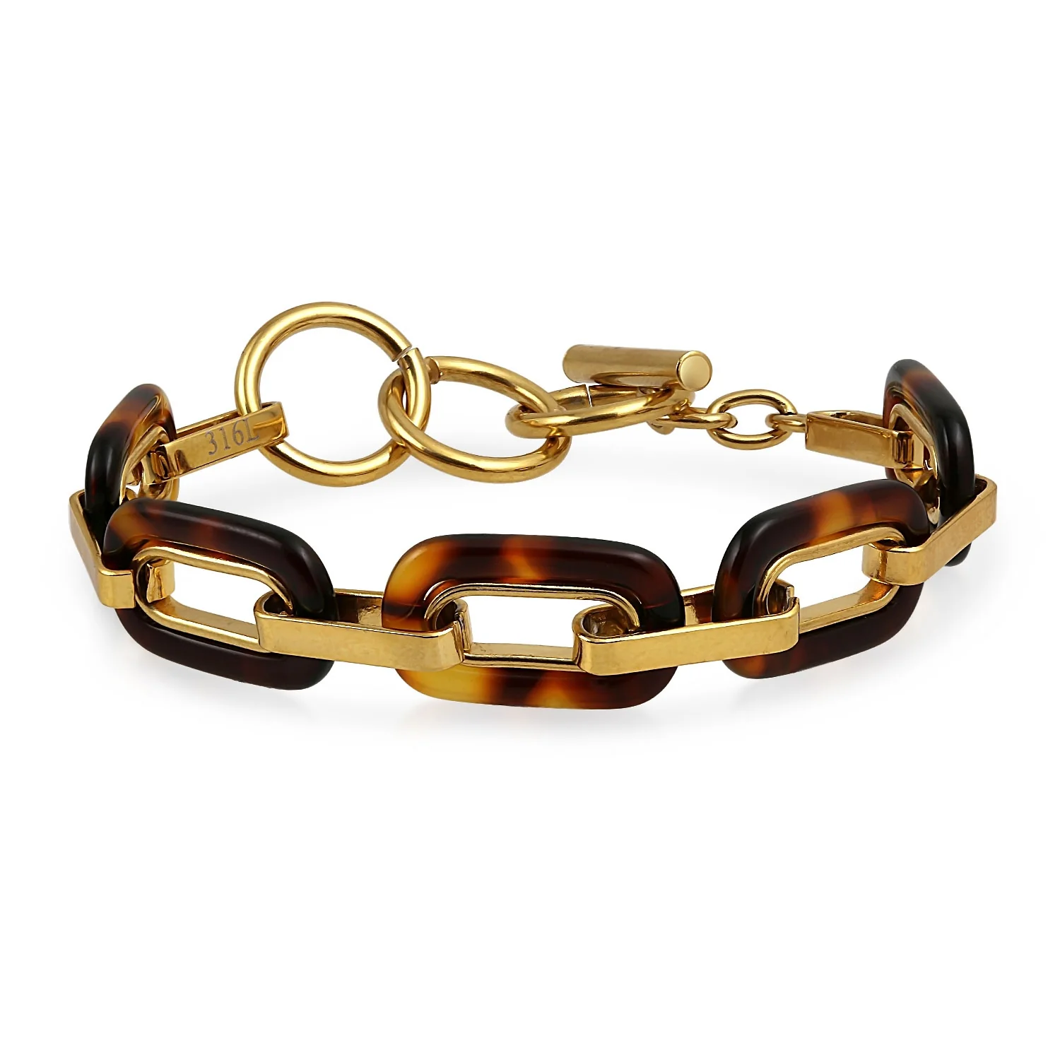 Brown Acrylic Tortoise Shell Oval Chain Link Bracelet Gold Plated Stainless Steel