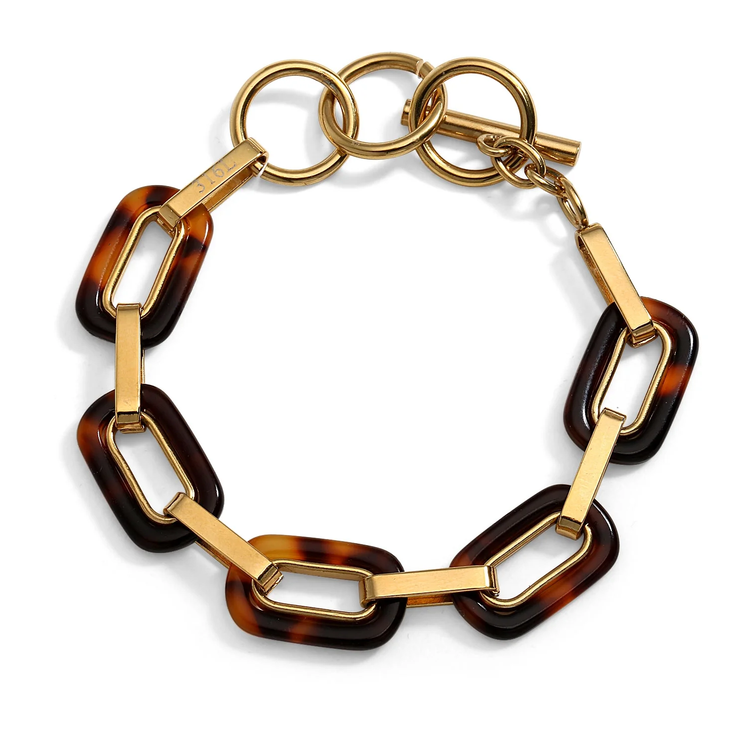 Brown Acrylic Tortoise Shell Oval Chain Link Bracelet Gold Plated Stainless Steel - Image 2