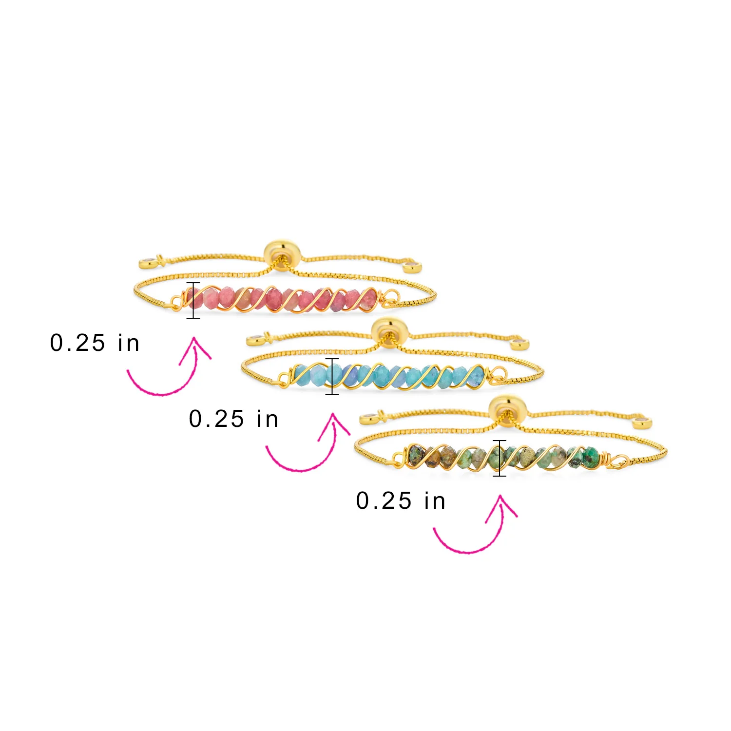 Set of 3 Pink Tourmaline, Aquamarine and Turquoise Bolo Bracelet Gold Plated - Image 4
