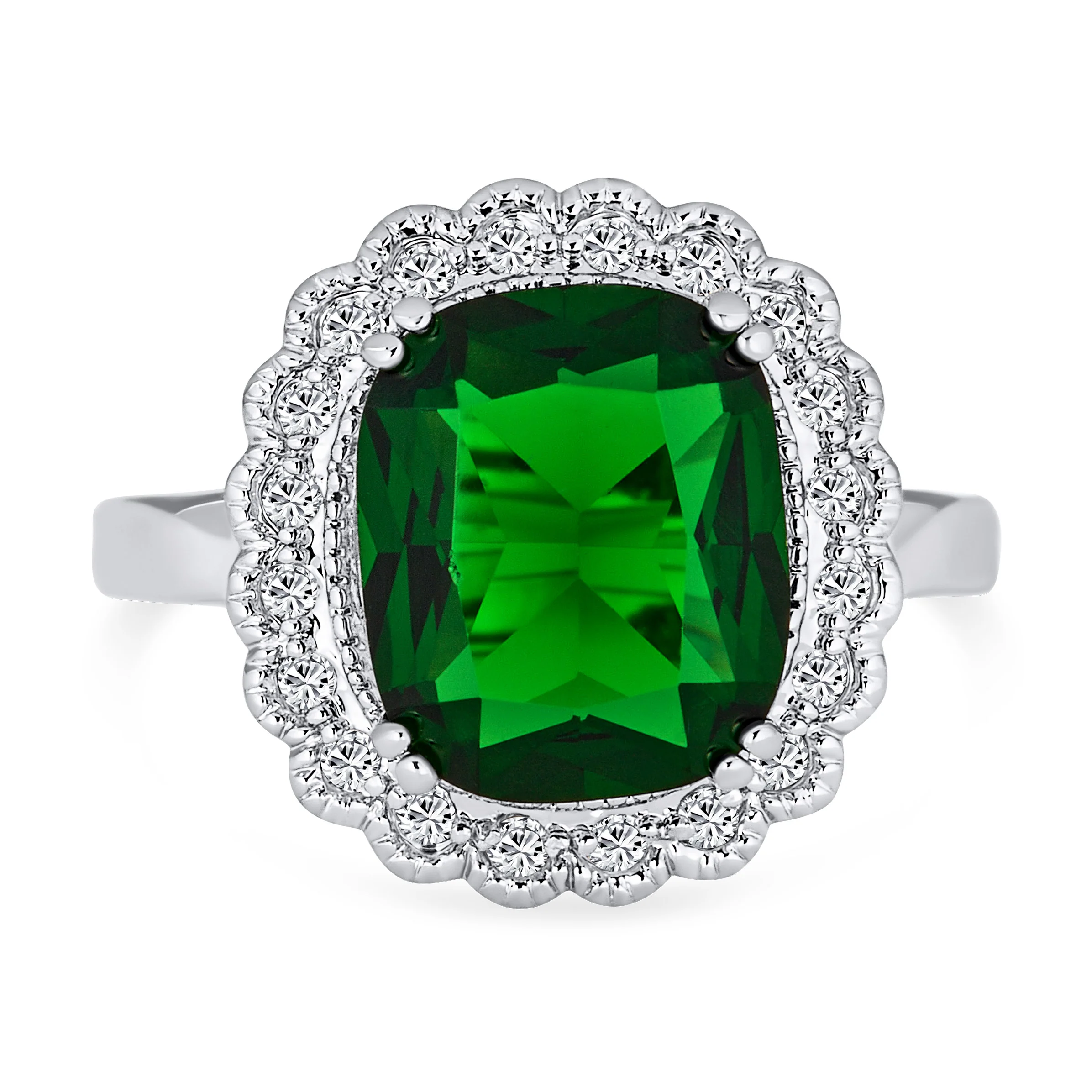 Art Deco Style Cubic Zirconia Solitaire Green Emerald Cut with CZ Halo 10CT Cocktail Statement Ring - Image 2