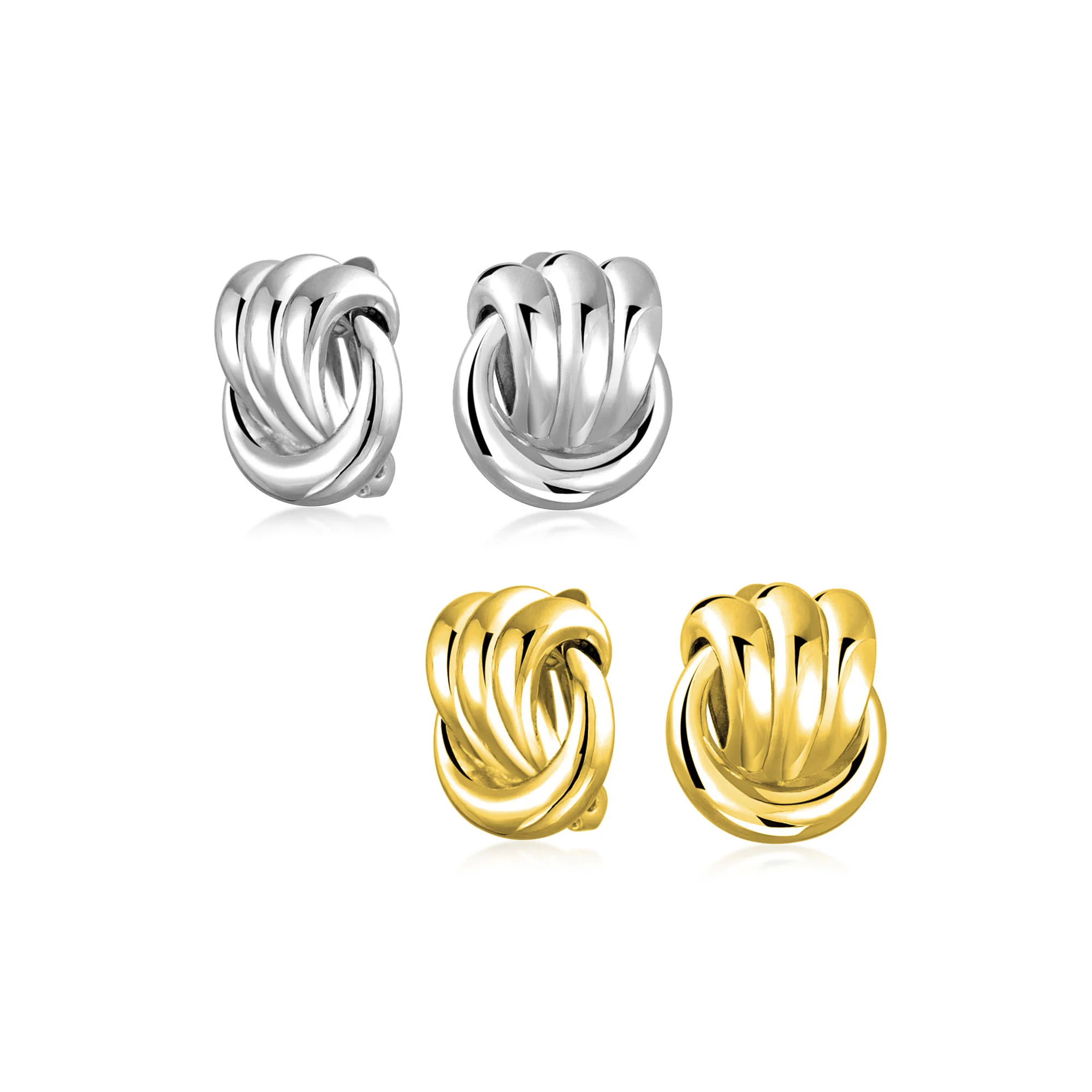 Set of 2 Rope Love Knot Clip On Earrings Silver Gold & Silver Non-Pierced Ears