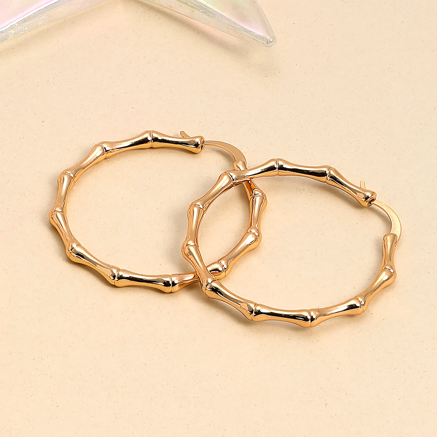 Light Weight Hollow Big Bamboo Hoop Earrings Yellow Gold Plated Diameter 2 Inch - Image 14