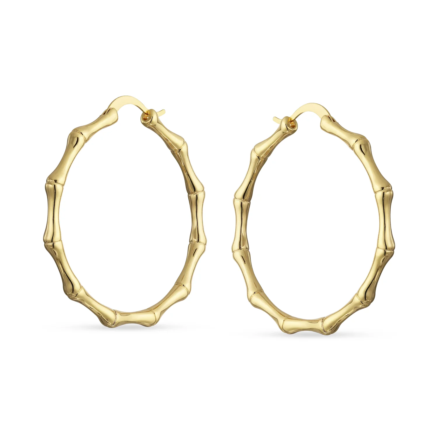 Light Weight Hollow Big Bamboo Hoop Earrings Yellow Gold Plated Diameter 2 Inch - Image 6