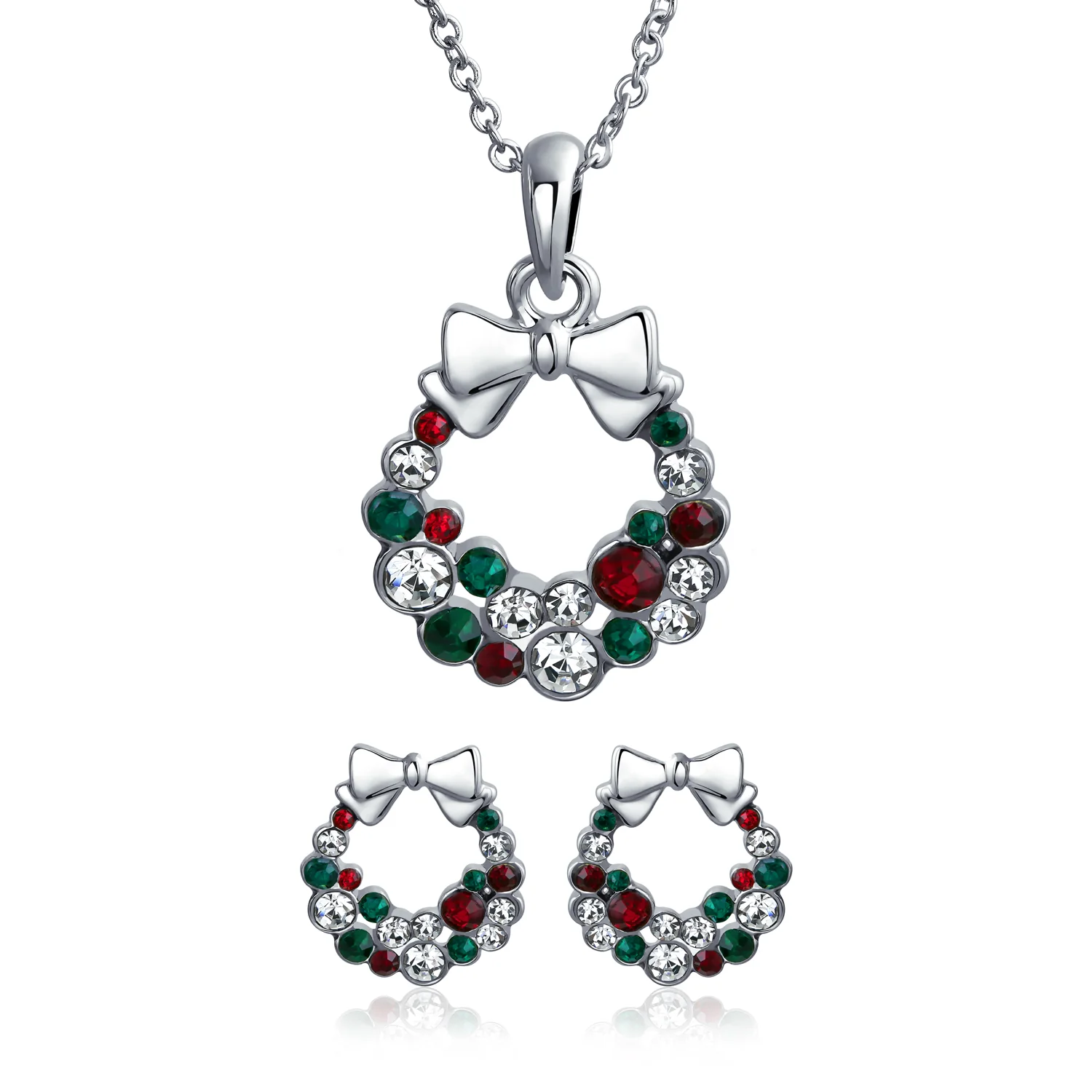 Sparkling Christmas Bow Crystal Necklace Earrings Jewelry Set Silver Plated