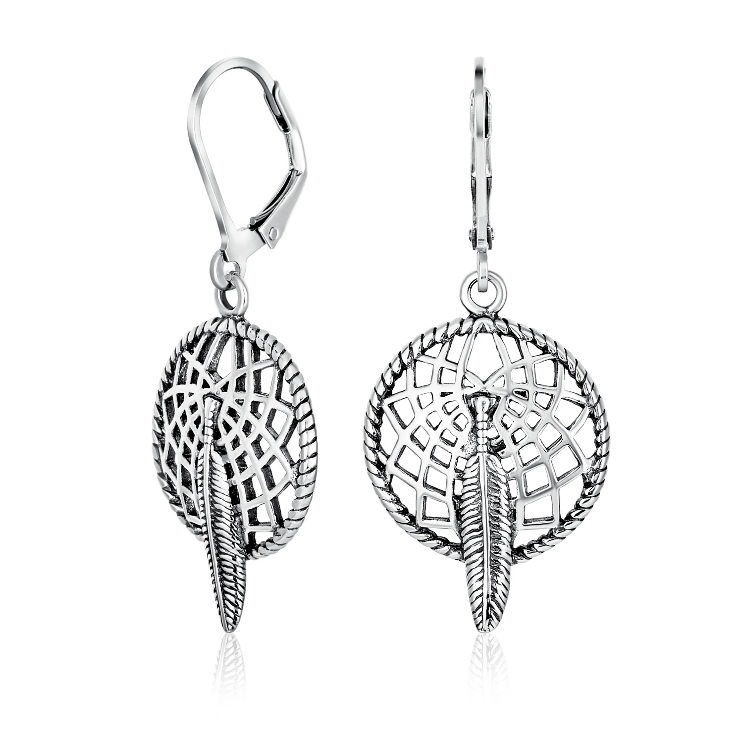 Native American Style Dream Catcher Feather Leaf Dangle Earrings .925 Sterling Silver