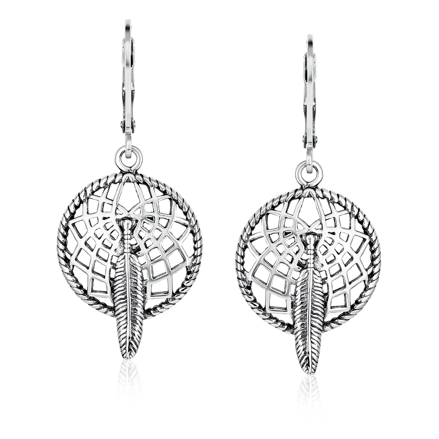 Native American Style Dream Catcher Feather Leaf Dangle Earrings .925 Sterling Silver - Image 2