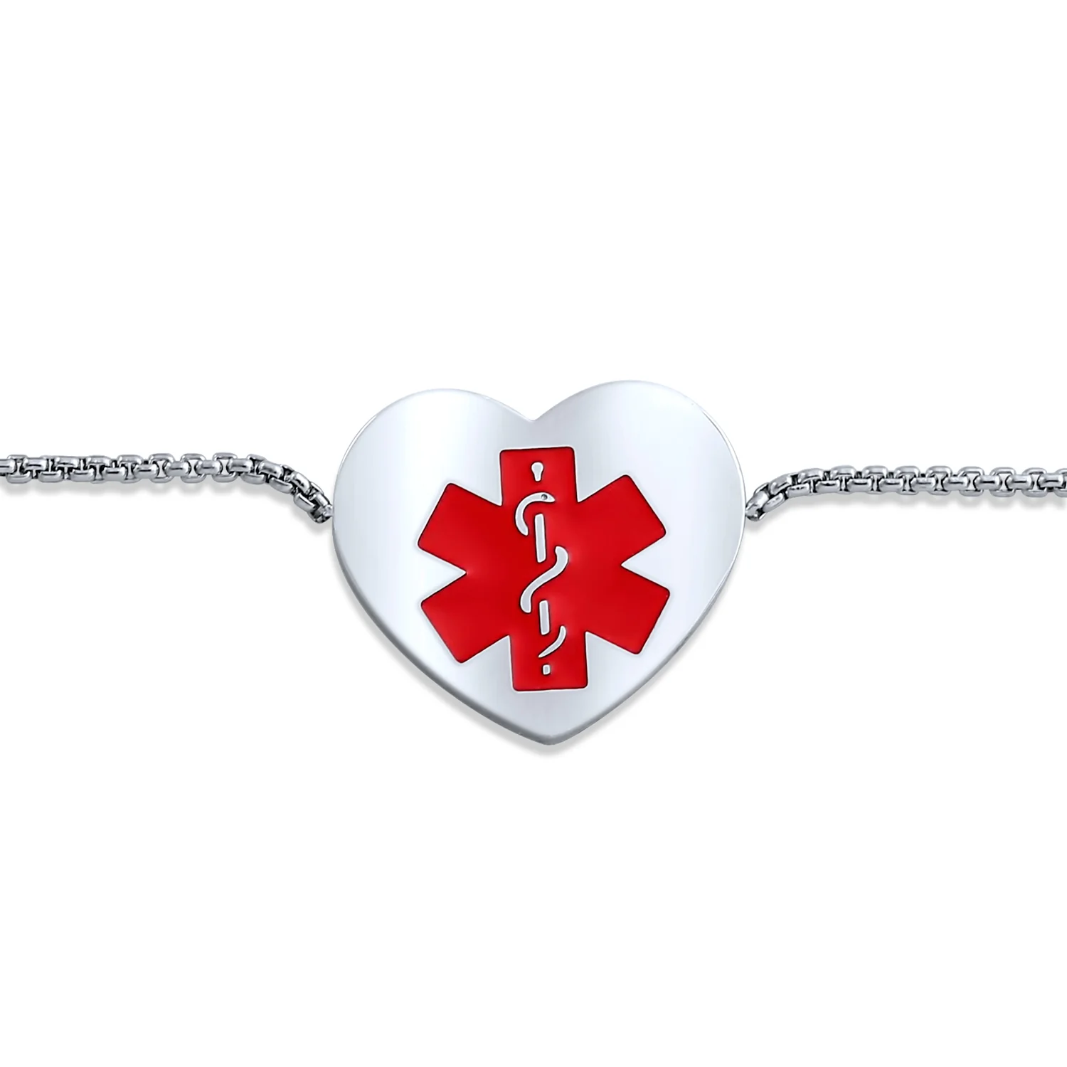 Feminine Heart Charm Medical ID Bracelet Silver Tone Stainless Steel Chain - Image 14