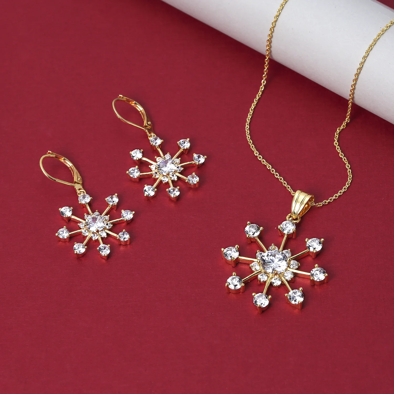 Festive Christmas CZ Snowflake Dangle Chandelier Earrings Gold Plated Lever Back - Image 4