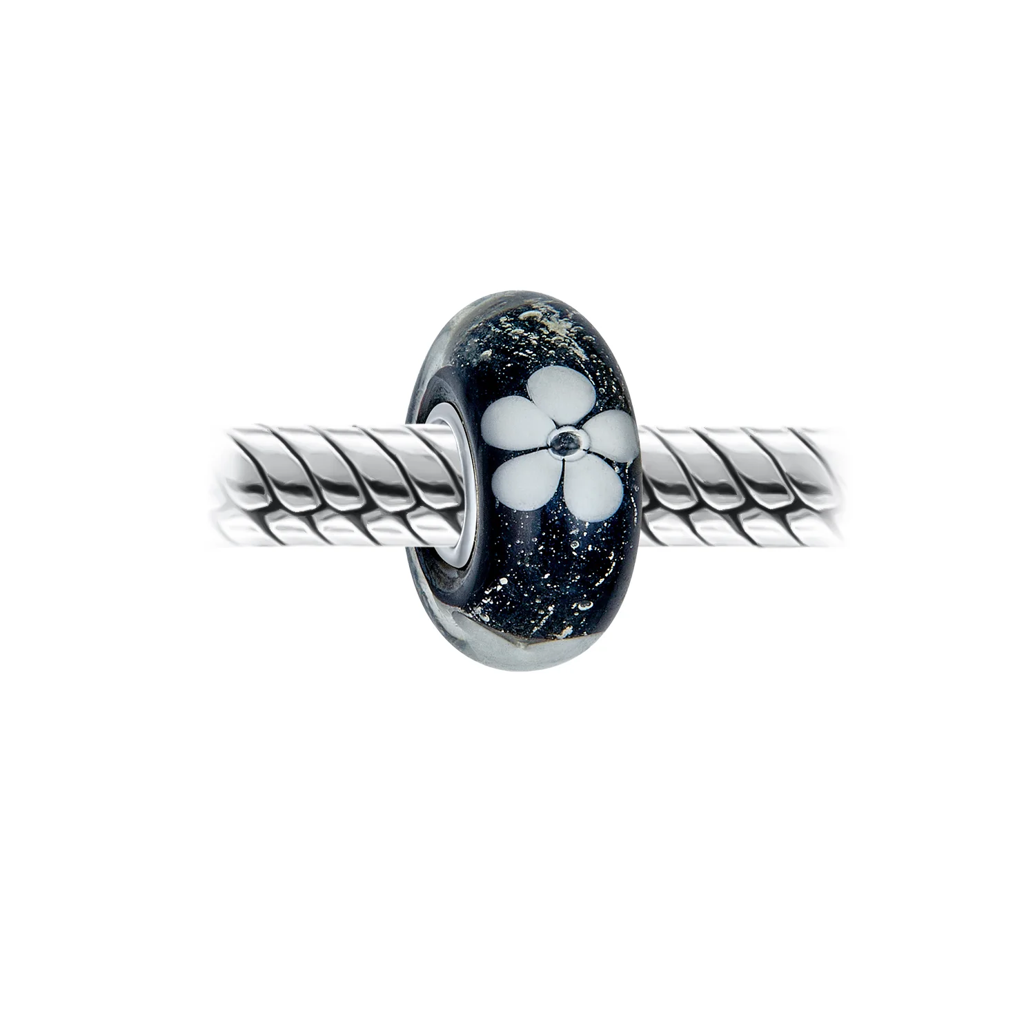 Set of 4 Black White Floral Glass Charm Bead for European Bracelets with Sterling Silver Core - Image 3