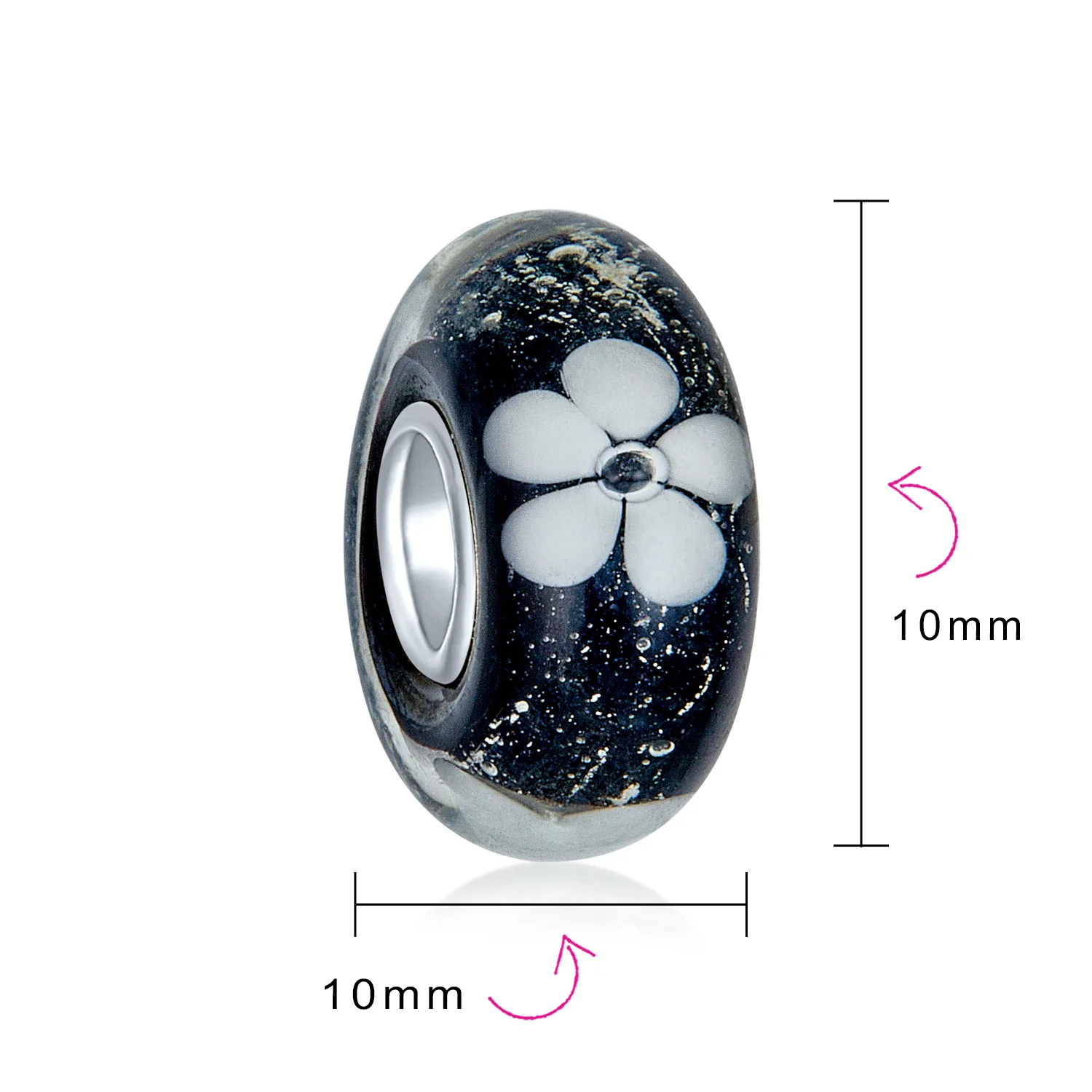 Set of 4 Black White Floral Glass Charm Bead for European Bracelets with Sterling Silver Core - Image 4