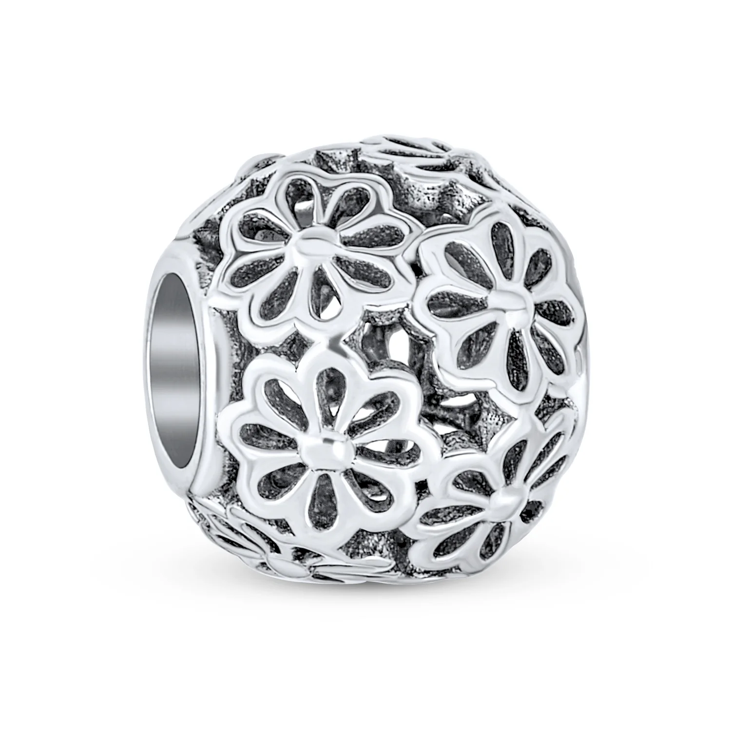 Set of 2 SIS and Heart Flower Filigree Round Bouquet Barrel Charm Bead Silver - Image 5