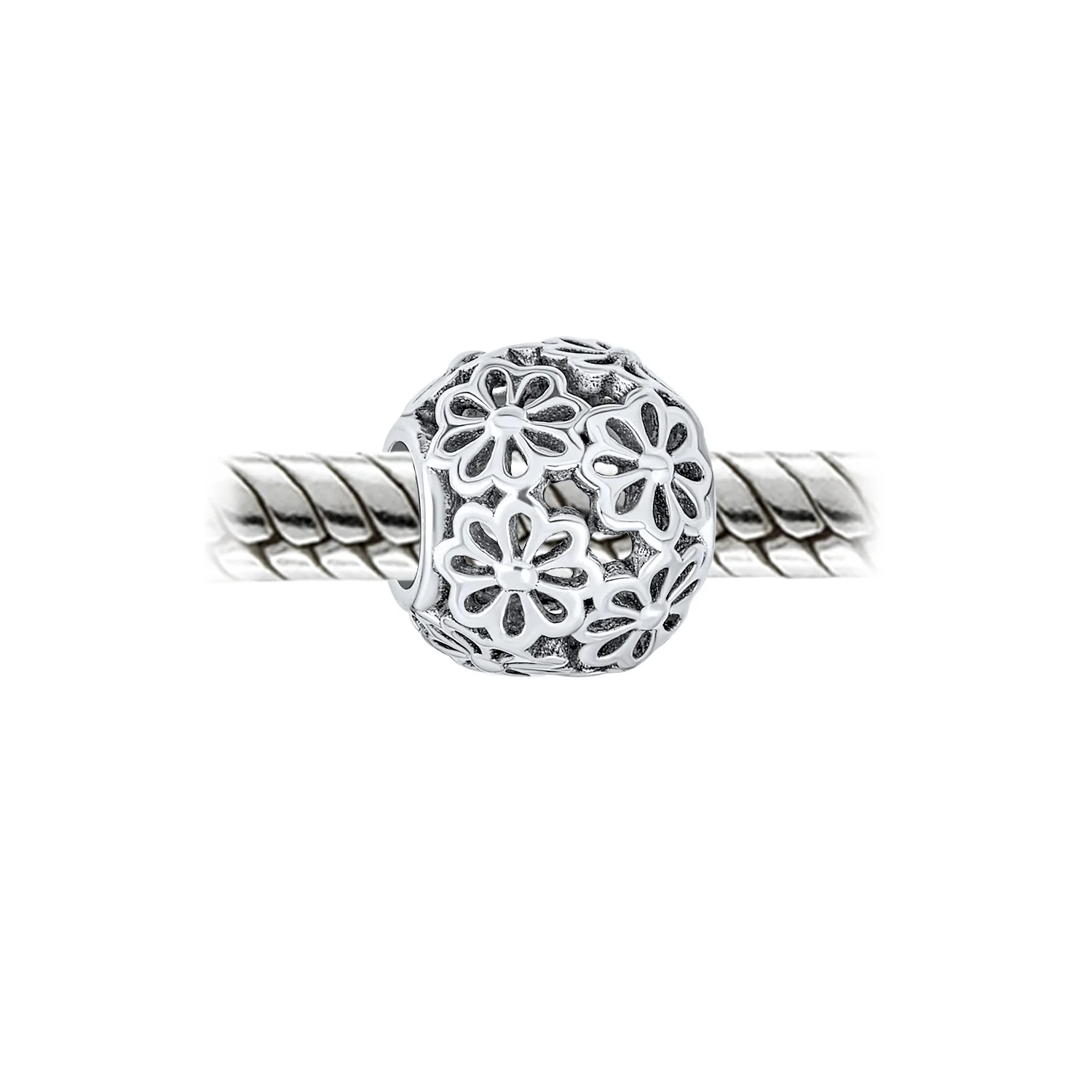 Set of 2 SIS and Heart Flower Filigree Round Bouquet Barrel Charm Bead Silver - Image 6