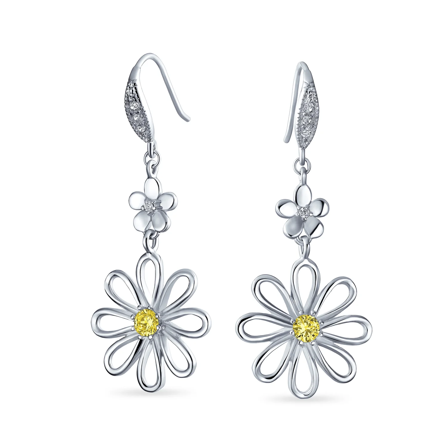 Floral Garden Wedding Canary Yellow CZ Daisy Dangle Chandelier Earrings Silver - Image 2