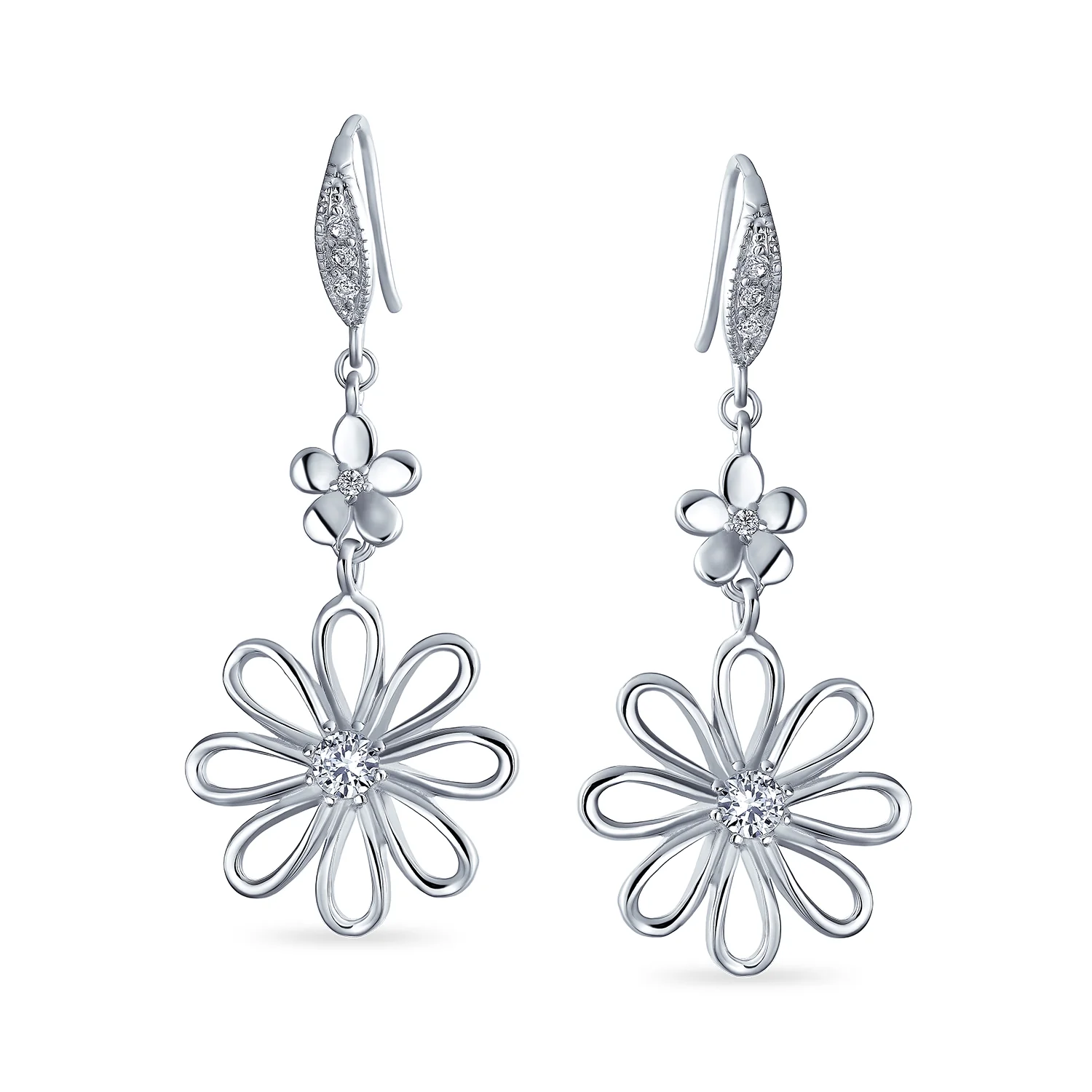 Floral Garden Wedding Canary Yellow CZ Daisy Dangle Chandelier Earrings Silver - Image 3