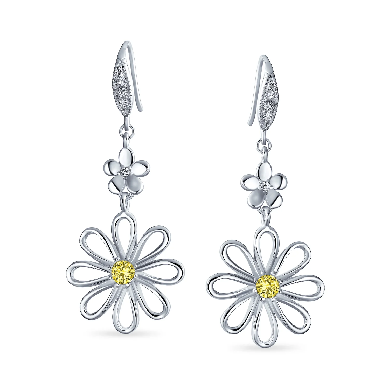 Floral Garden Wedding Canary Yellow CZ Daisy Dangle Chandelier Earrings Silver - Image 4